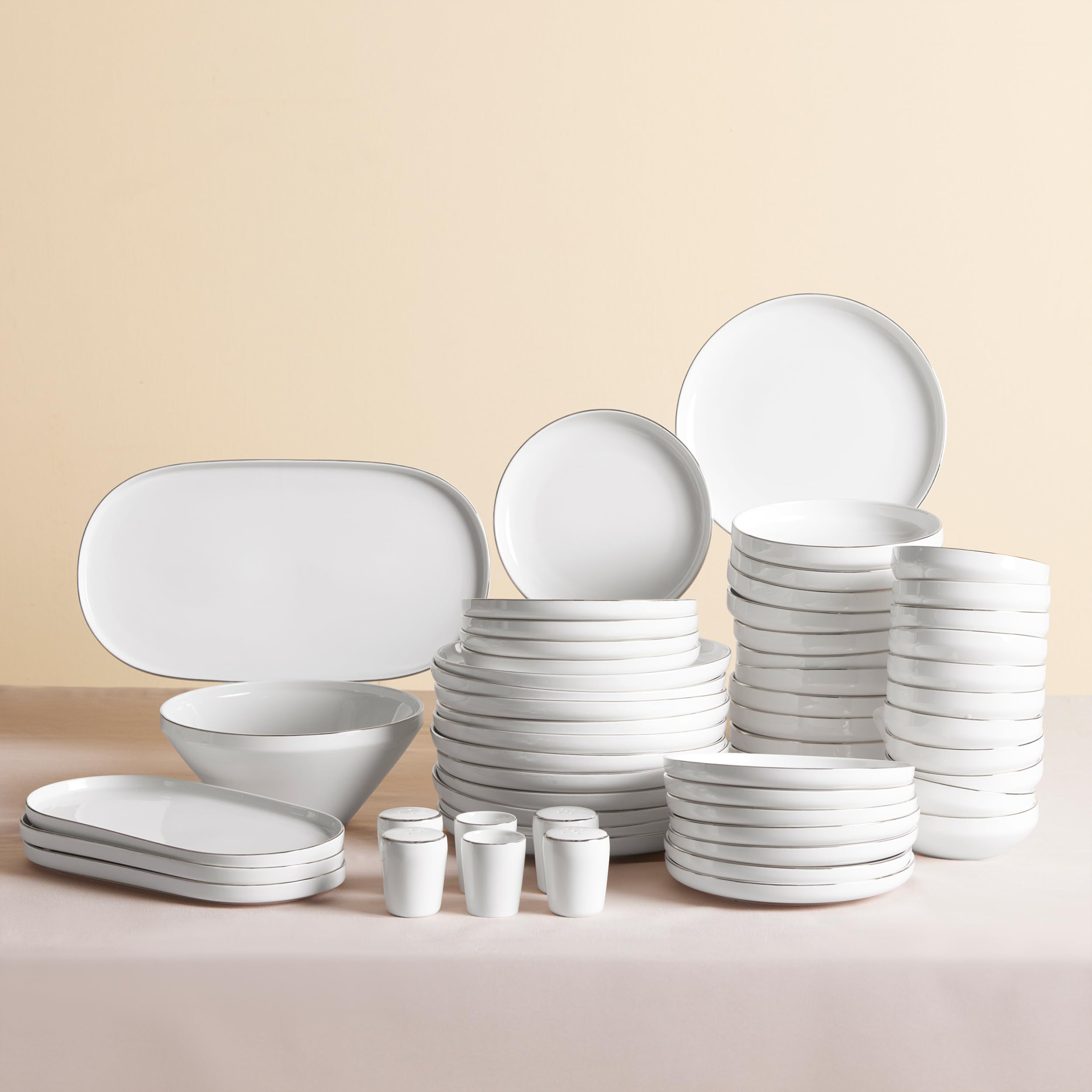 Karaca White Silver Streamline New Saturn 59-Piece New Generation Bone China Dinner Set For 12 People, Dinner Plates, Pasta Bowls, Side Plates, Soup Bowls, Serving Platters, Salad Bowl, Shakers, White Platinum