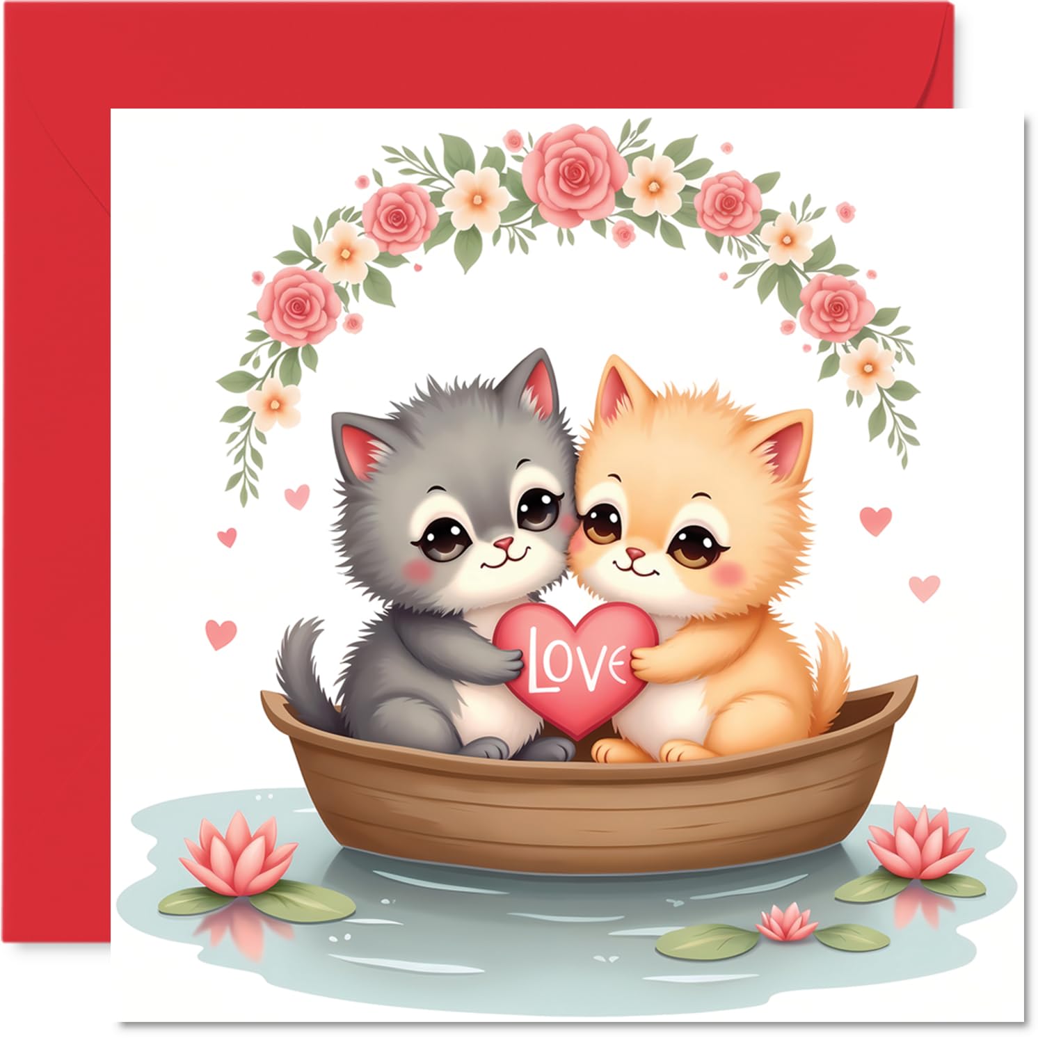 Cute Cats Anniversary Card - Animal Love Boat - Cute Happy Anniversary Card for Partner from Husband Wife Boyfriend Girlfriend, 145mm Anniversaries Greeting Cards