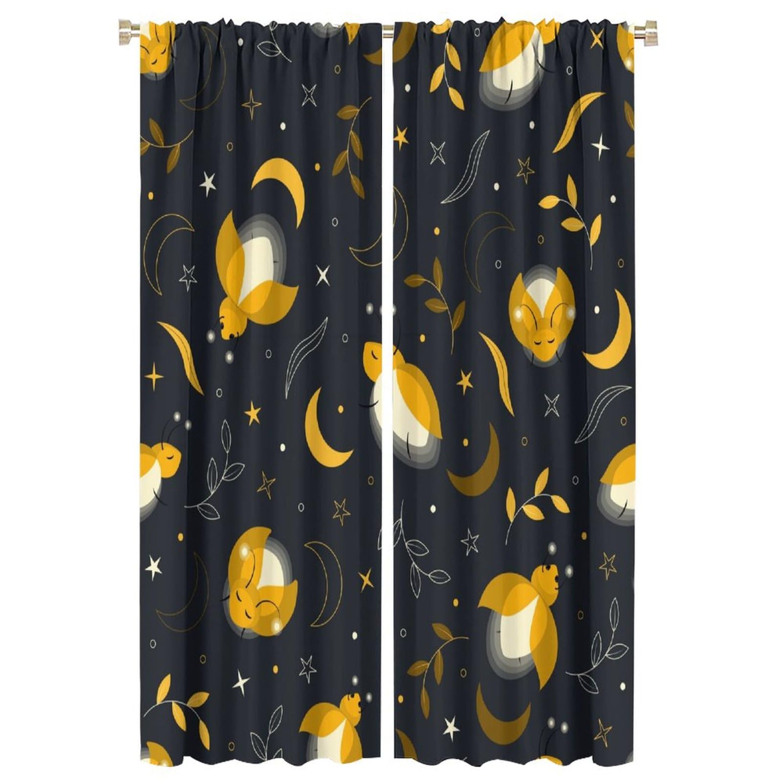Firefly Blackout Window Curtain,Cute Cartoon Fireflies, Moon, Stars and Leaves for Kids Boy Girl Baby Bedroom Nursery Living Room Decor Drapes 2 Panels 42x63in