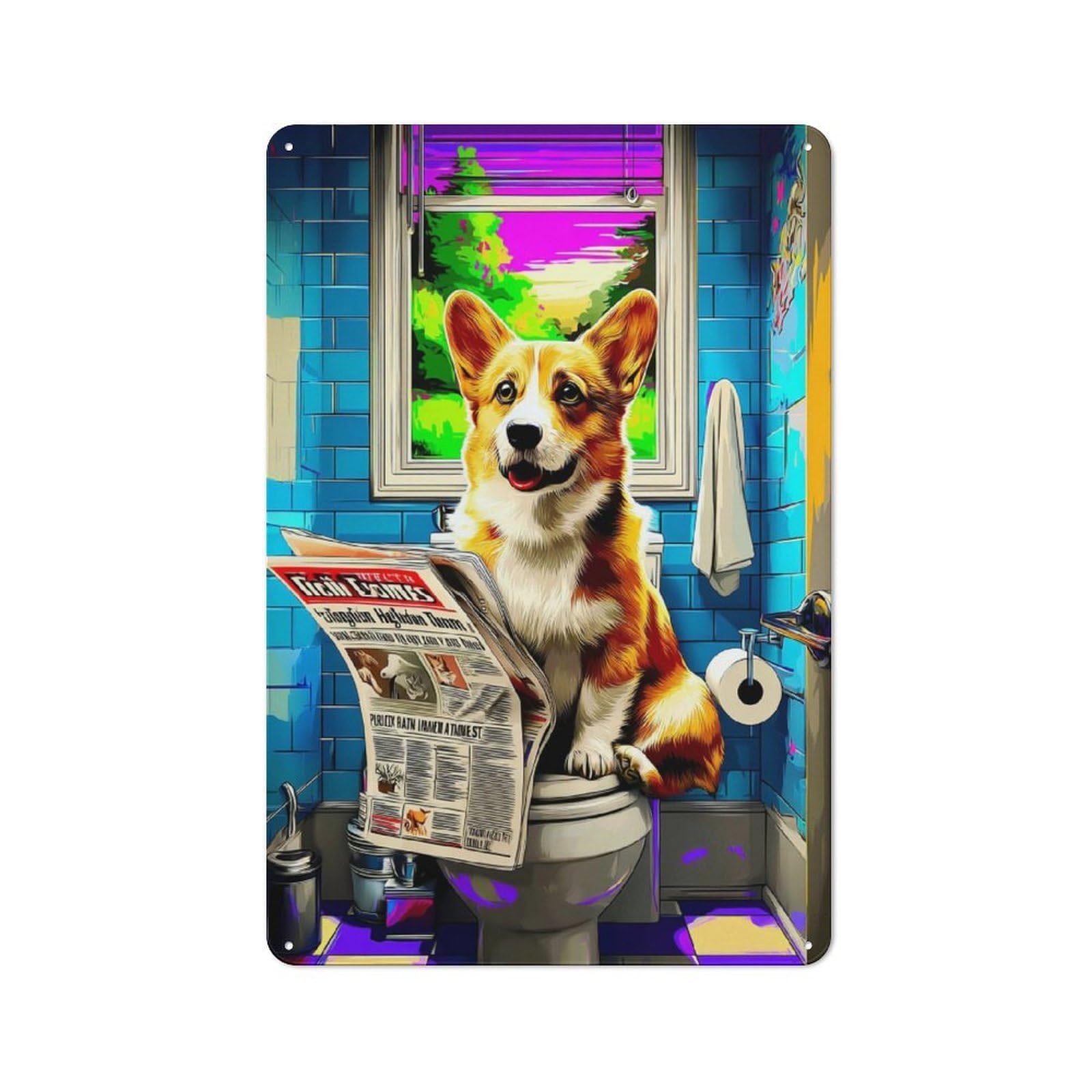 Junmoney Corgi Reading Newspaper In Bathroom Classic Tin Wall Sign 30X20cm, Diner Style Decor For Coffee Bar, Kitchen, Bistro Or Tea Corner