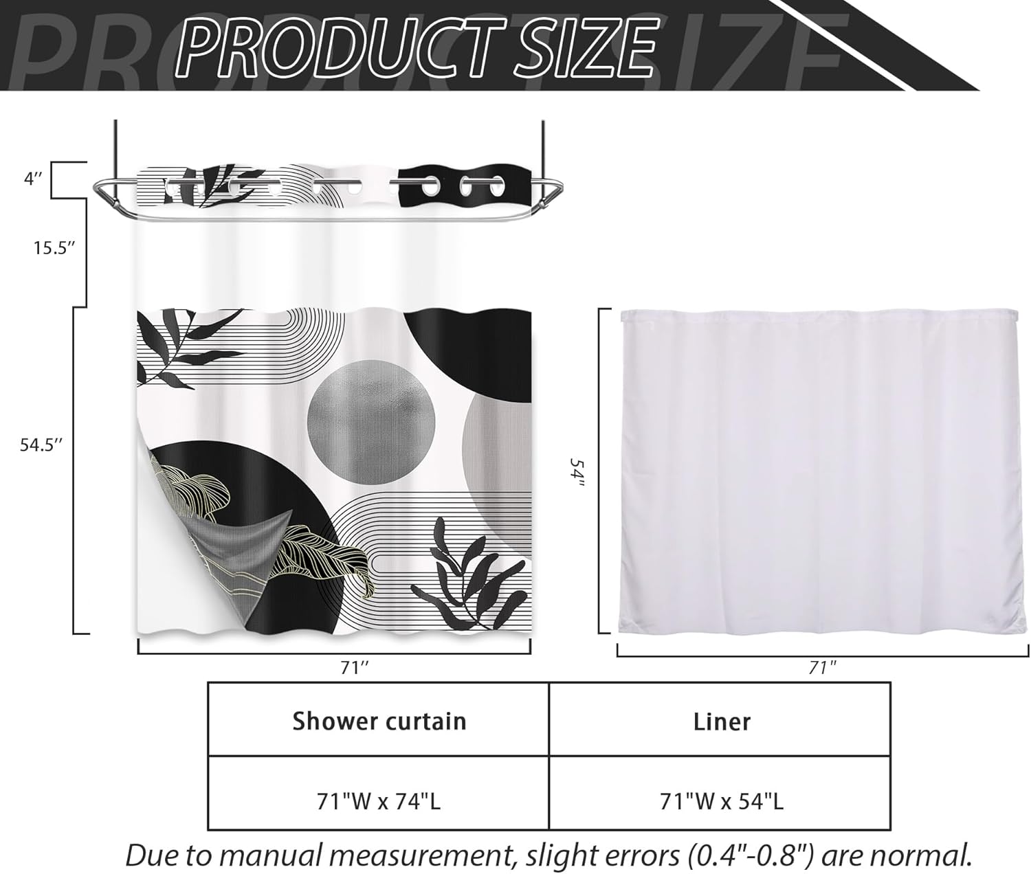 Black and Grey Hookless Shower Curtain with Snap in Liner, Black White Modern Mens No Hook Double Layer Shower Curtain and Liner Set, Waterproof Cloth Fabric, 71" W X 74" L (Pack of 1)