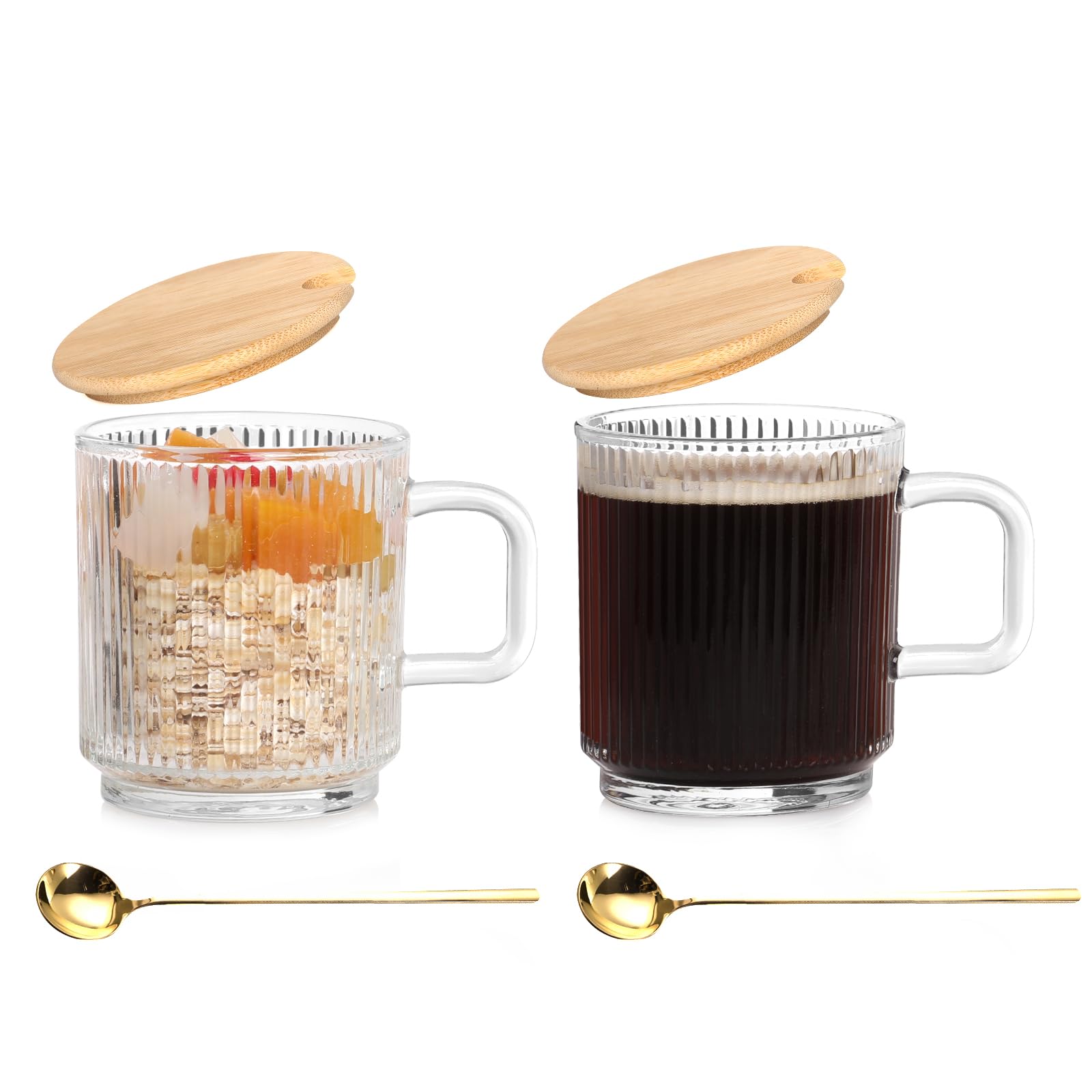 Tasses Café Verre Strié 350ml - Set 2 Tasses Avec Couvercle Bambou + Cuillère | Verre Borosilicate | Style Rétro