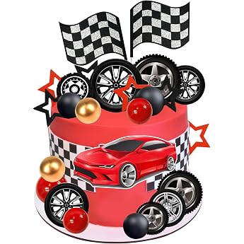 Racing Car Cake Decoration Pack of 27 Blue Car Cake Decoration Racing Car Birthday Cake Decoration Checked Flag Cake Decoration Birthday Boy Cake Topper for Children's Birthday Racing Car Theme Party