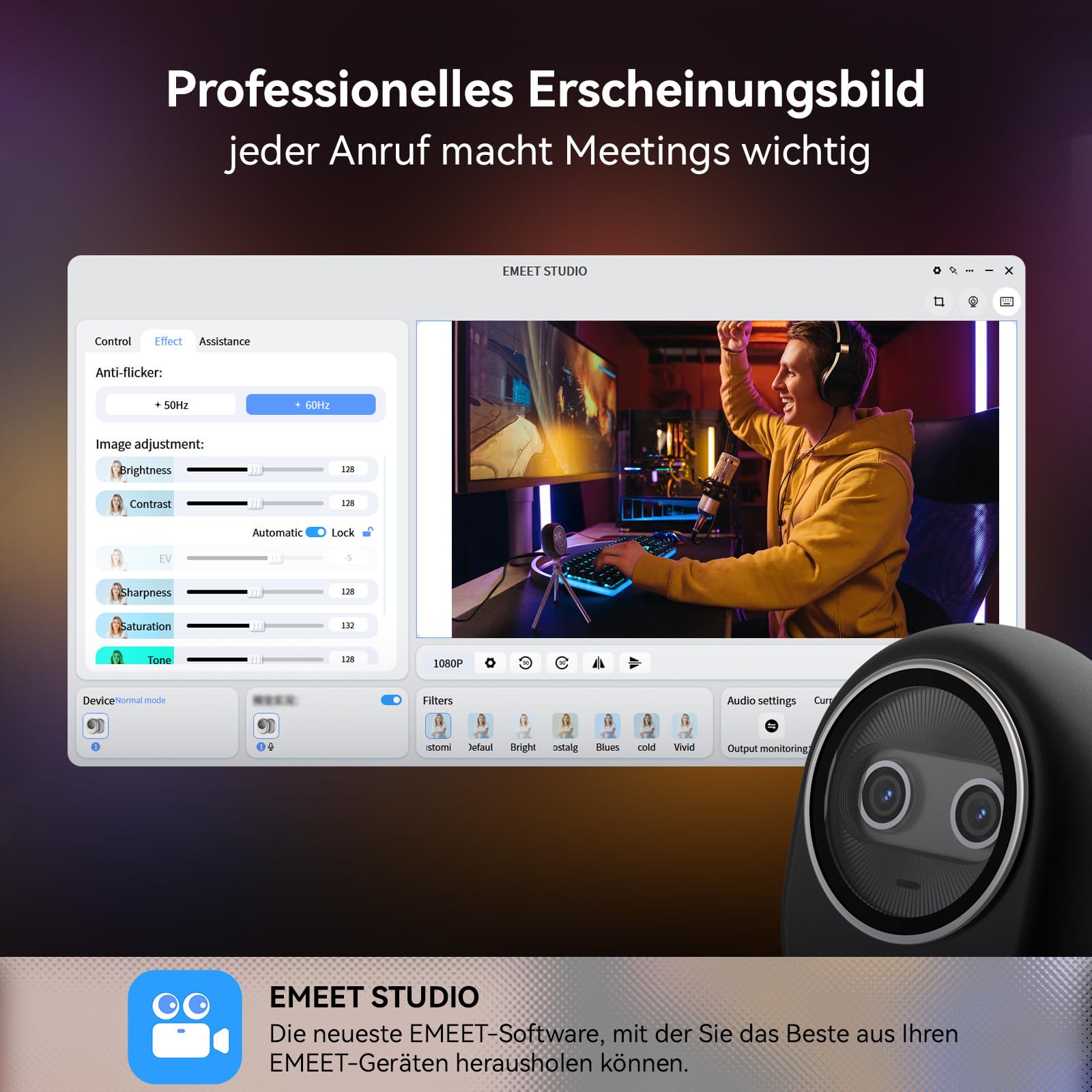 EMEET Piko+ Webcam 4K, KI-Fokus, für PC/Mac/Switch 2, Homeoffice | Mit 1/2.55'' Sony-Bild｜Dual-Fokus｜Panda-Privatsphäre｜Für Curved Monitor｜Plug & Play via USB｜Top für Videocalls