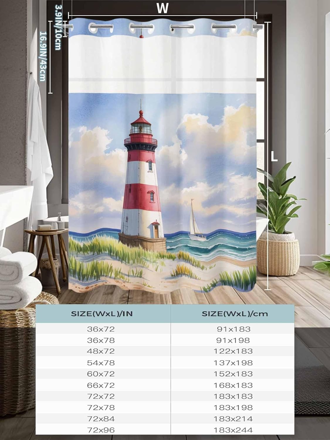 No Hook Shower Curtains with Snap in Liner, Coastal Lighthouse Waterproof Shower Curtain, Watercolor Blue Sky Sea Summer Beach Nautical Double Layers & See-Through Top Window Bath Curtains 36''x72''