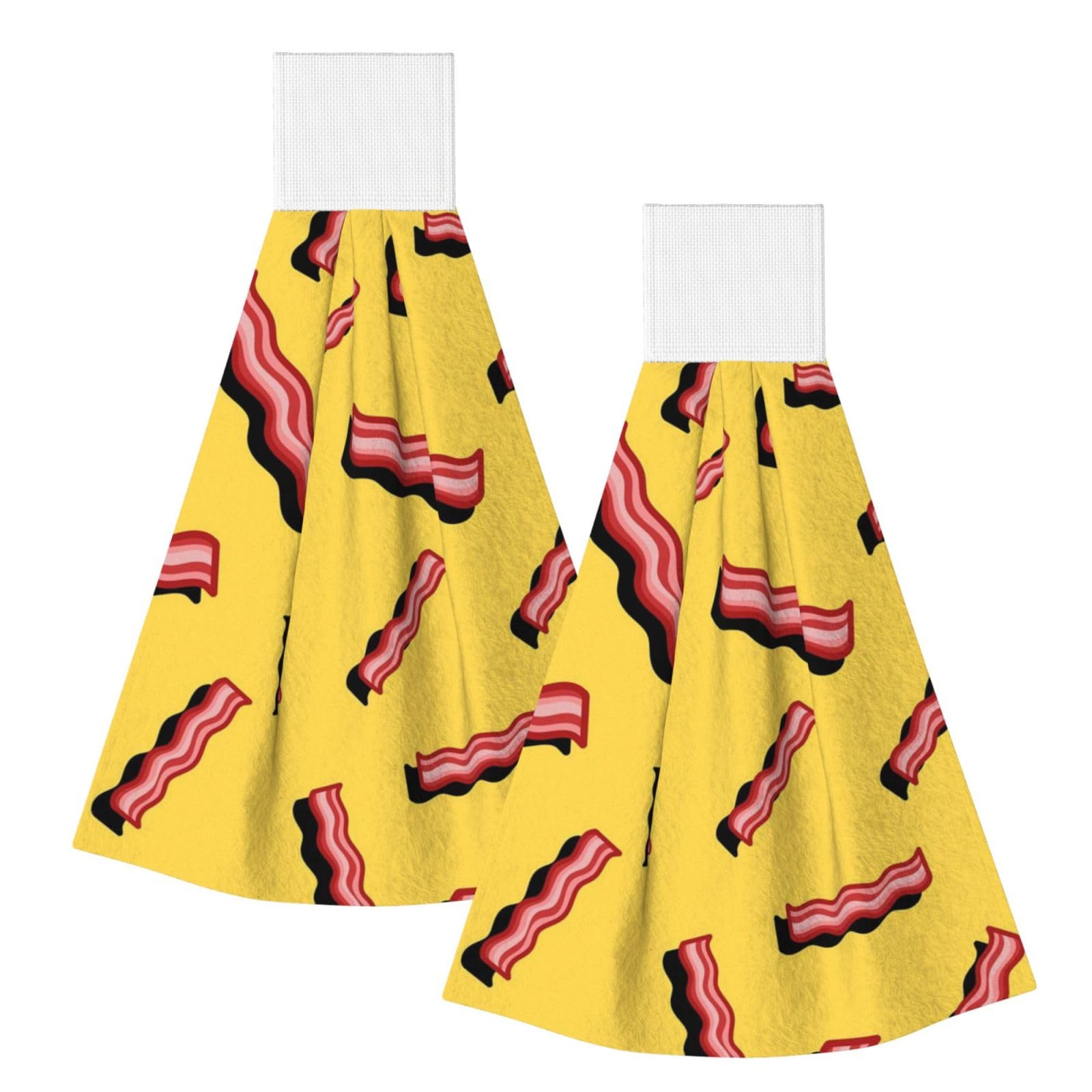 DOPKLNA Bacon Yellow Background, 2 Pcs Hanging Coral Fiber Hand Towels for Bathroom, Absorbent Kitchen Towels