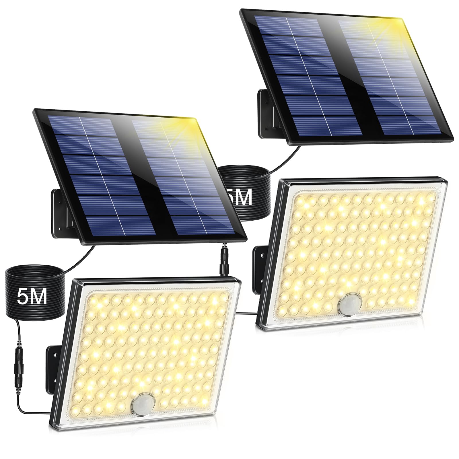 Realky Warm White Solar Lights For Outdoors, Solar Light With Motion Sensor, 3000 K Solar Spotlight, Ip65 Waterproof Solar Split Wall Light With 5 M Cable For Garage, Garden, Yard, Steps, Front Doors, Lawn, Pack Of 2