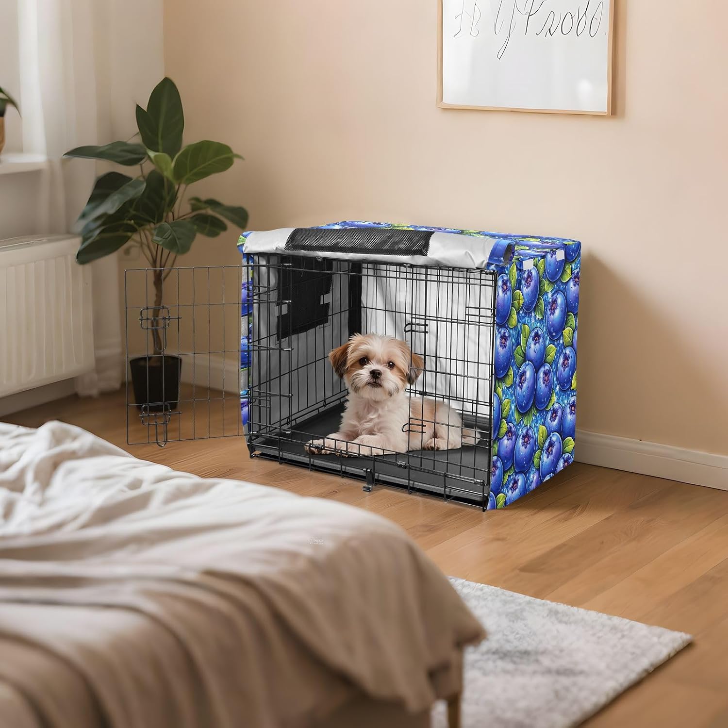 Vivid Blueberries Dog Crate Cover 600D Oxford Pet Kennel Cover with Mesh Window for Dog Cages, Windproof Waterproof Machine Washable, 48"x30"x33"
