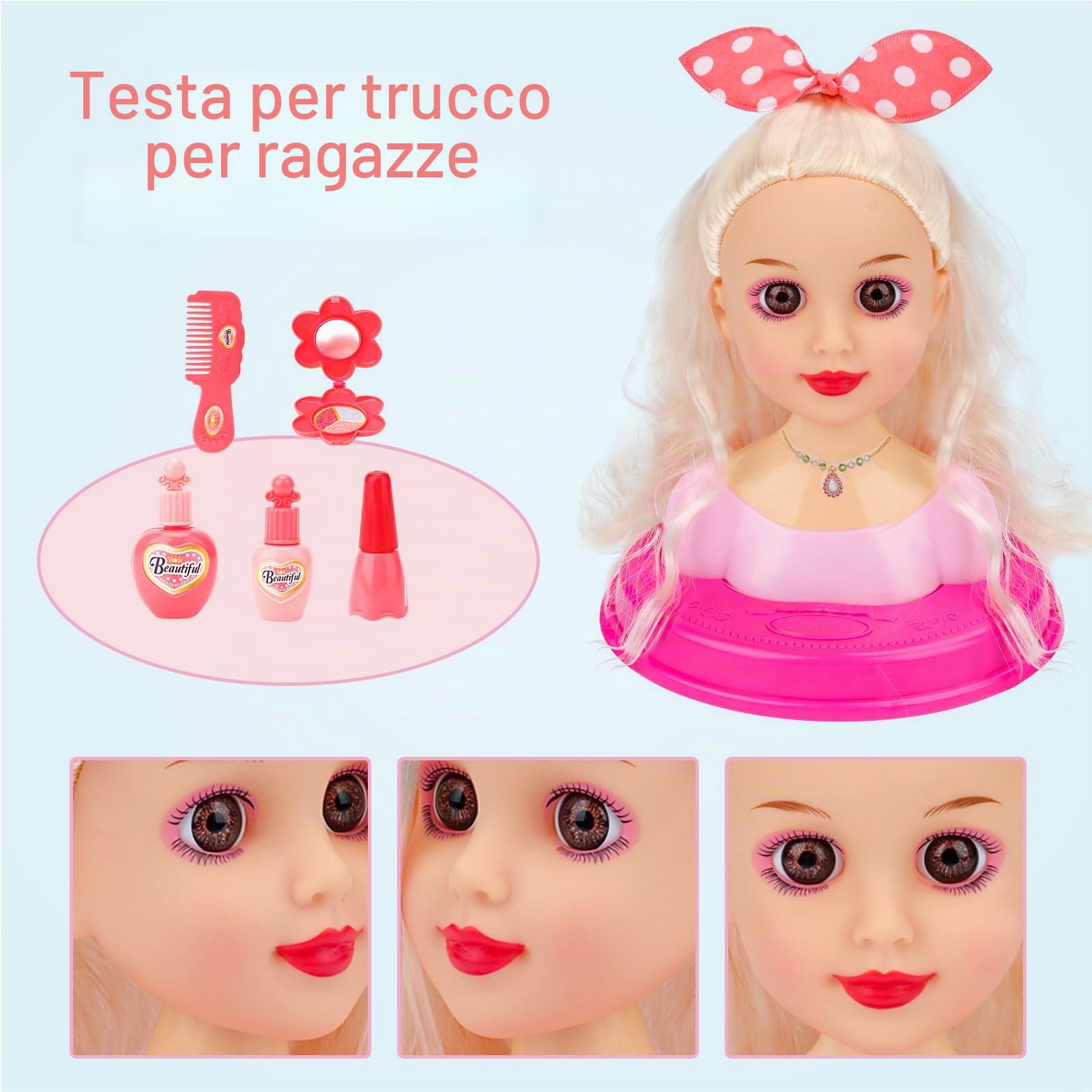 deAO Testa Parrucchiere Bambina con Accessori – Giocattolo Trucco e Capelli, Testa da Truccare con Capelli Morbidi, Regalo Creativo per Bambine 3+