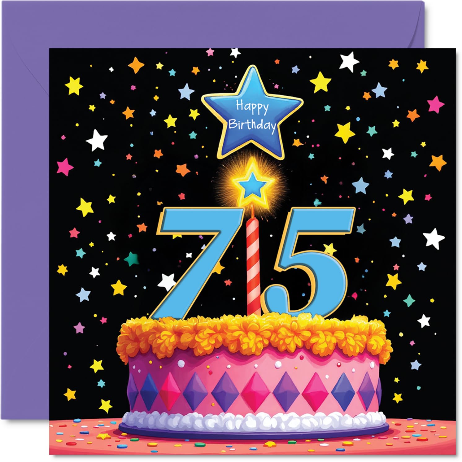 75th Birthday Cards for Women and Men, Pink Cake & Stars