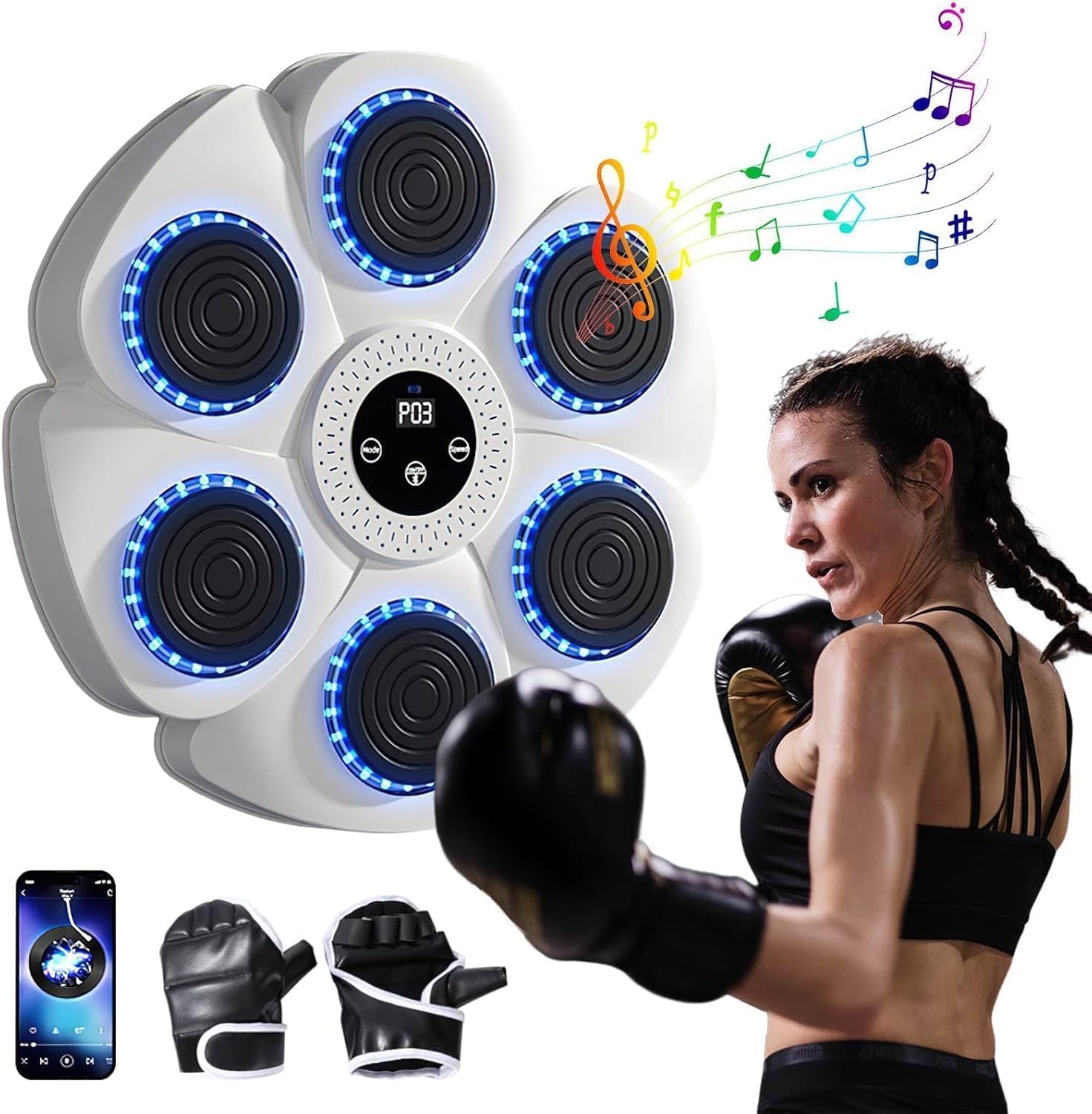 Smart Music Boxing Machine - Wall-Mounted Bluetooth Punching Target with 9 Training Modes & 18 Speeds, Musical Punching Boxing Game for Kids Adults Home Office Gym Fitness (White)