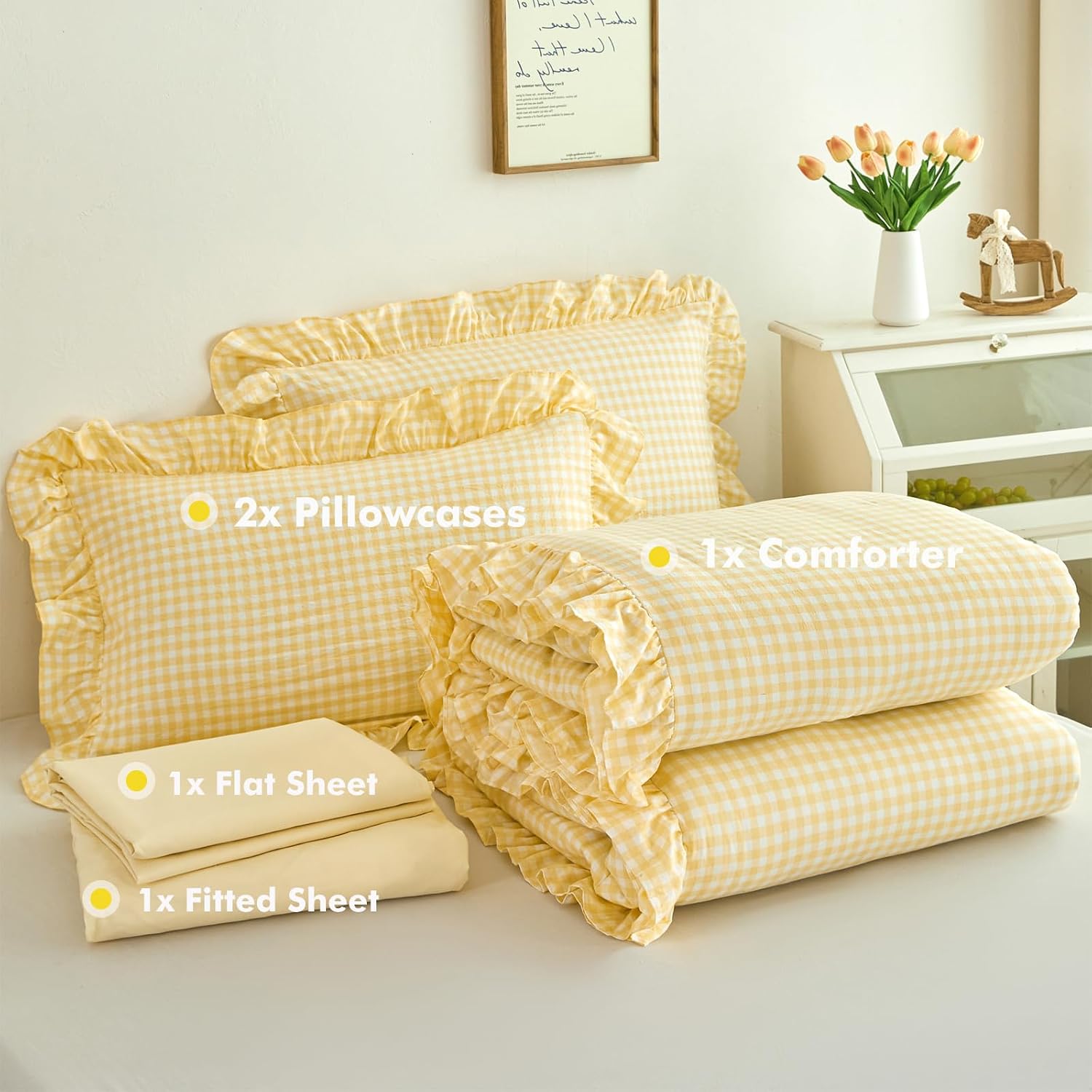 RYNGHIPY Yellow Gingham Comforter Set 5 Pcs Plaid Ruffle Full Bed in a Bag | Vintage Farmhouse Grid Bedding Set Soft Lightweight Checkered Bed Set with Sheets Pre-washed Microfiber Bedding