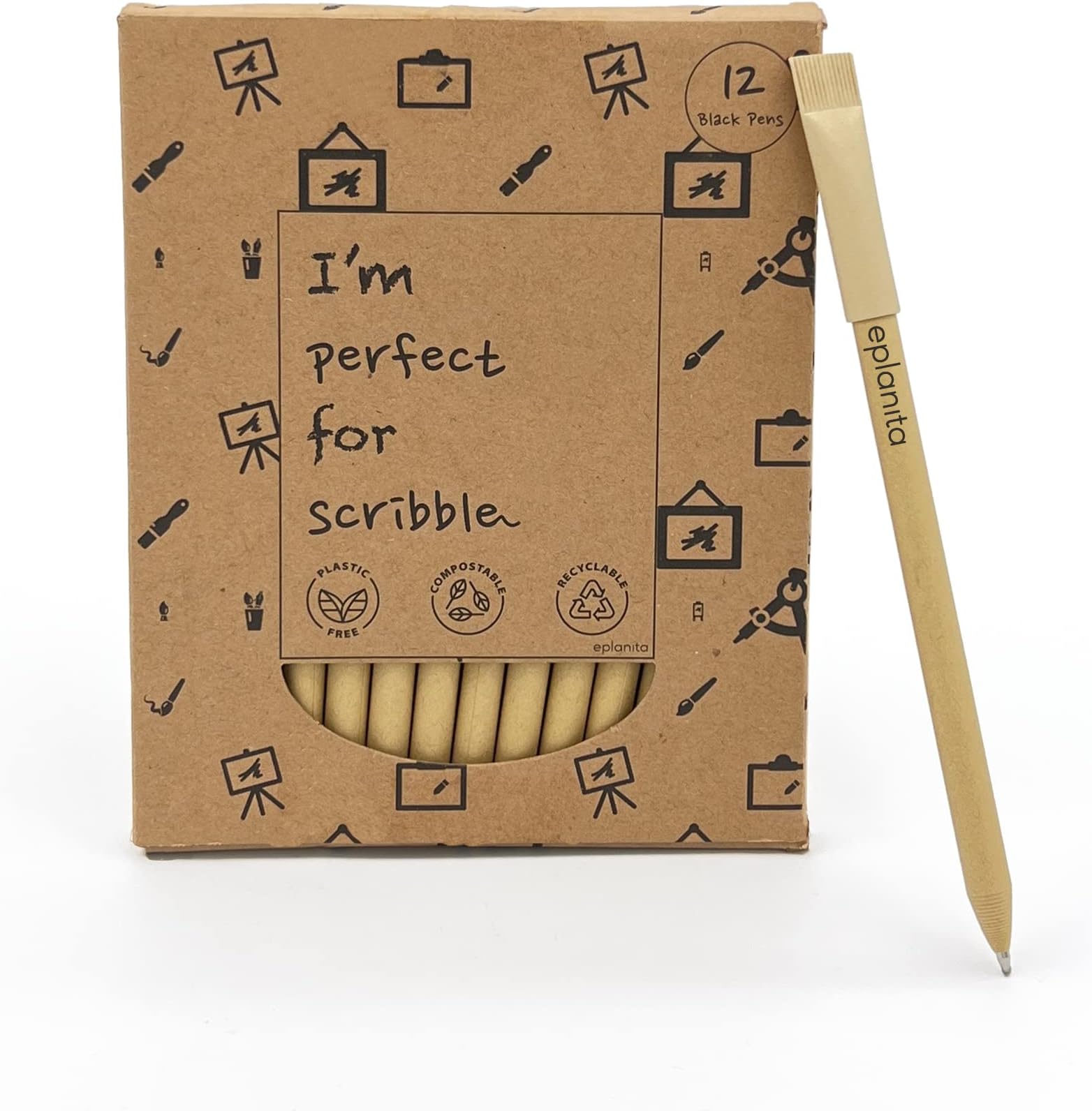 eplanita I’M PERFECT FOR SCRIBBLE – Eco Friendly Pens (Pack of 12), Black Ink Ballpoint Biros, Sustainable Stationary Supplies, For Office or School, One Tree Planted