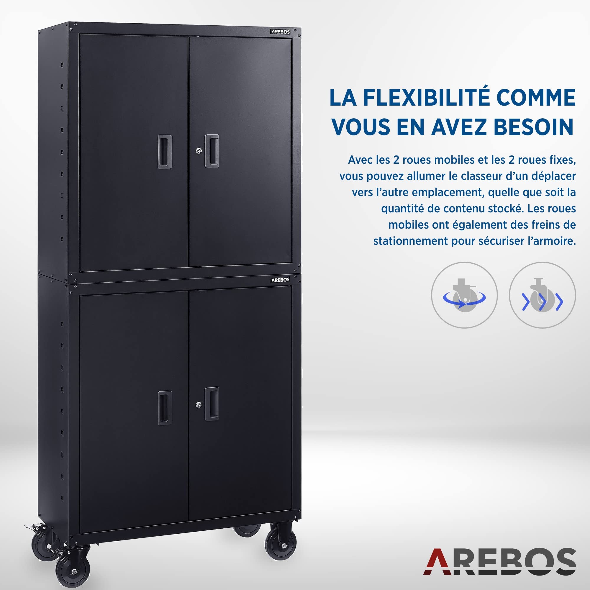 AREBOS Meuble de Bureau | Noir | 195 x 40 x 90 cm | Lot de 2 | 4 Portes | avec roulettes | Tablettes réglables en Hauteur | avec Serrure à Cylindre