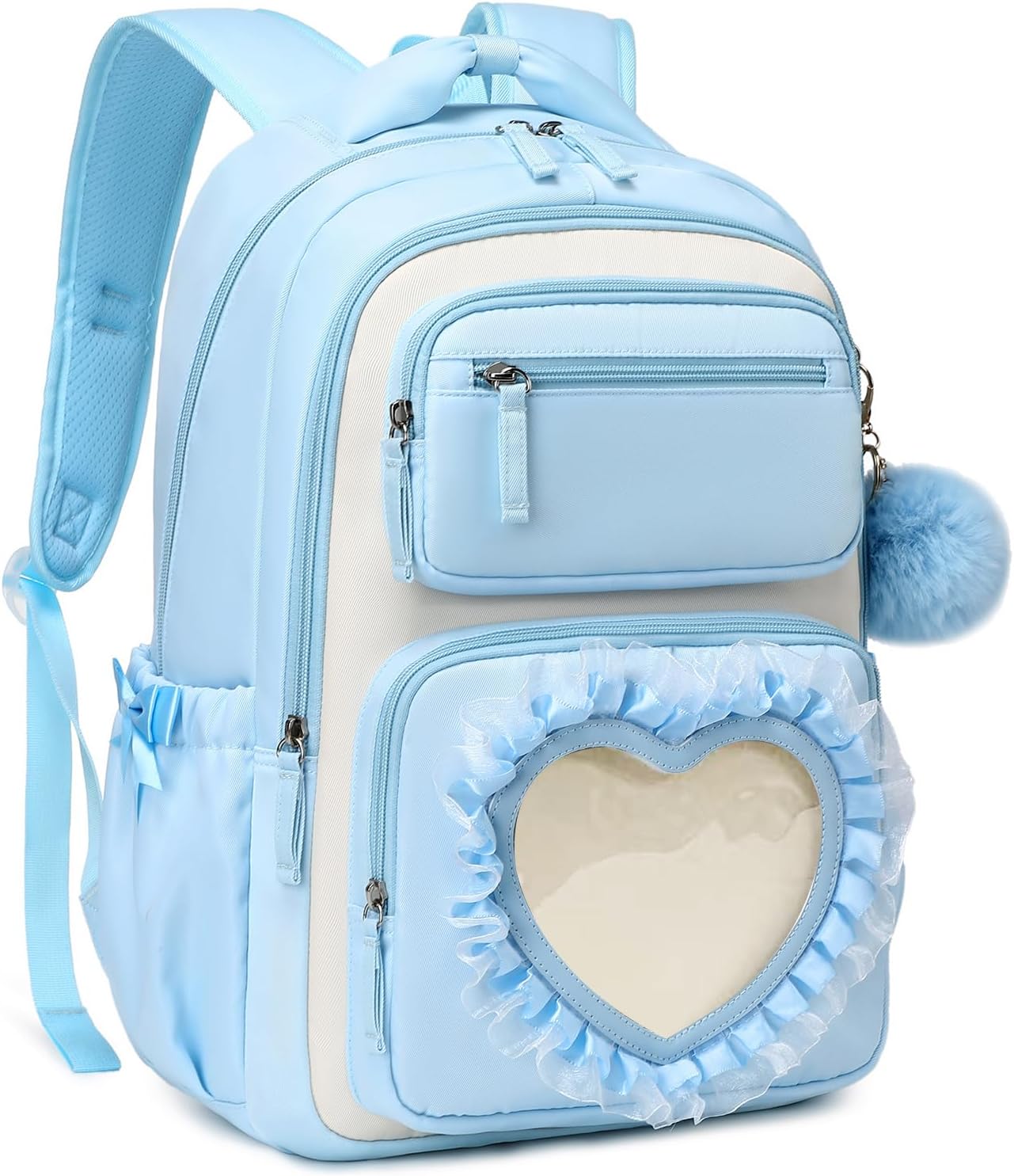 MOONBABY Girls Backpack with Lunch Bag & Pencil Case, 17" Lightweight Elementary Middle School Backpack, Bowknot Heart Pocket Kids Bookbag Set