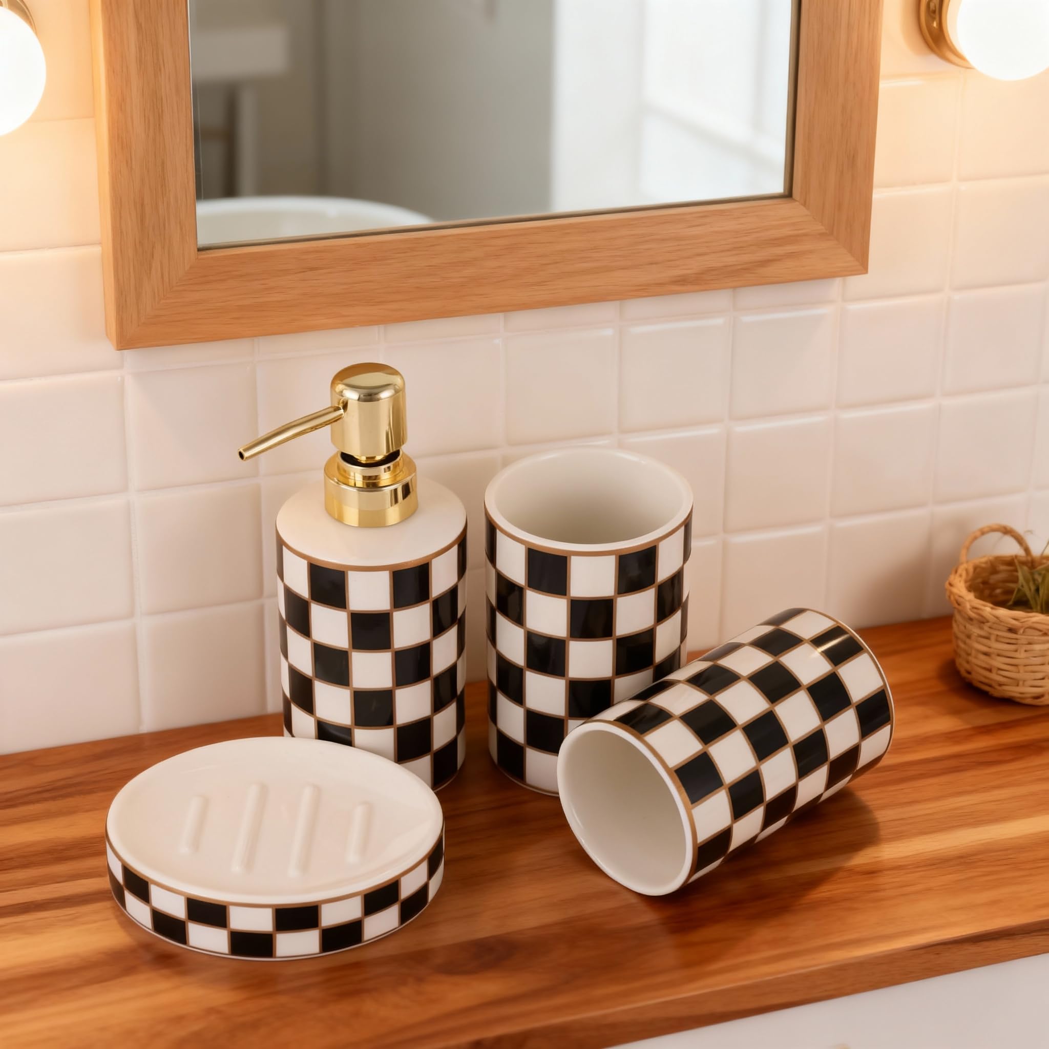 Badezimmer-Zubehör-Set aus Keramik, kariert, 4-teiliges Set mit Seifenspender, Zahnbürstenhalter, Zahnputzbecher, Seifenschale, schwarz-weißes Gitter, moderne Badezimmer-Dekoration für und