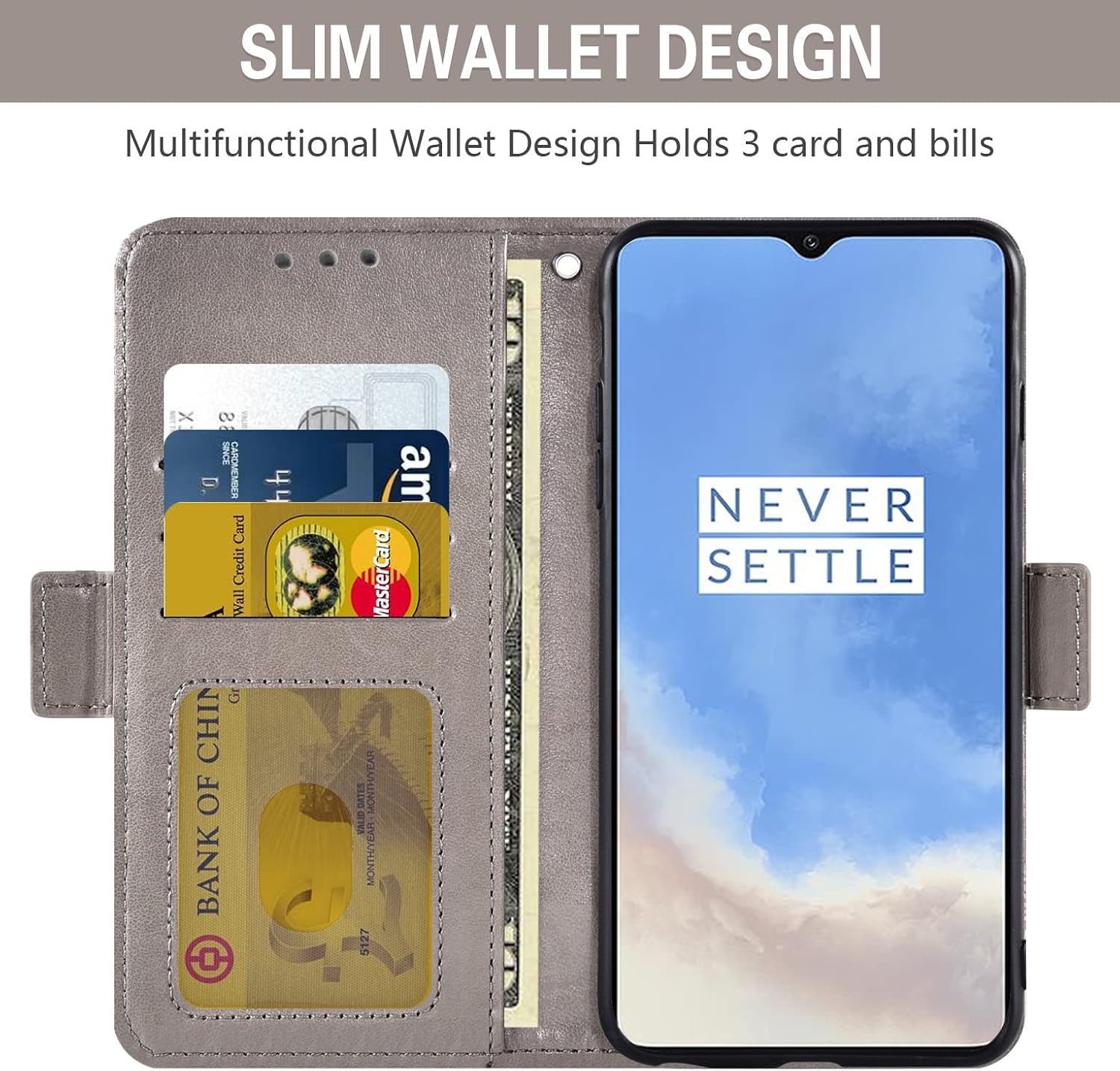 Asuwish Compatible with OnePlus 7T Wallet Case Tempered Glass Screen Protector Card Holder Flip Wrist Strap Stand Cell Phone Cover for OnePlus7t 5G One Plus7T 1 Plus T7 1plus + 1+ 1+7T Men Grey image 3