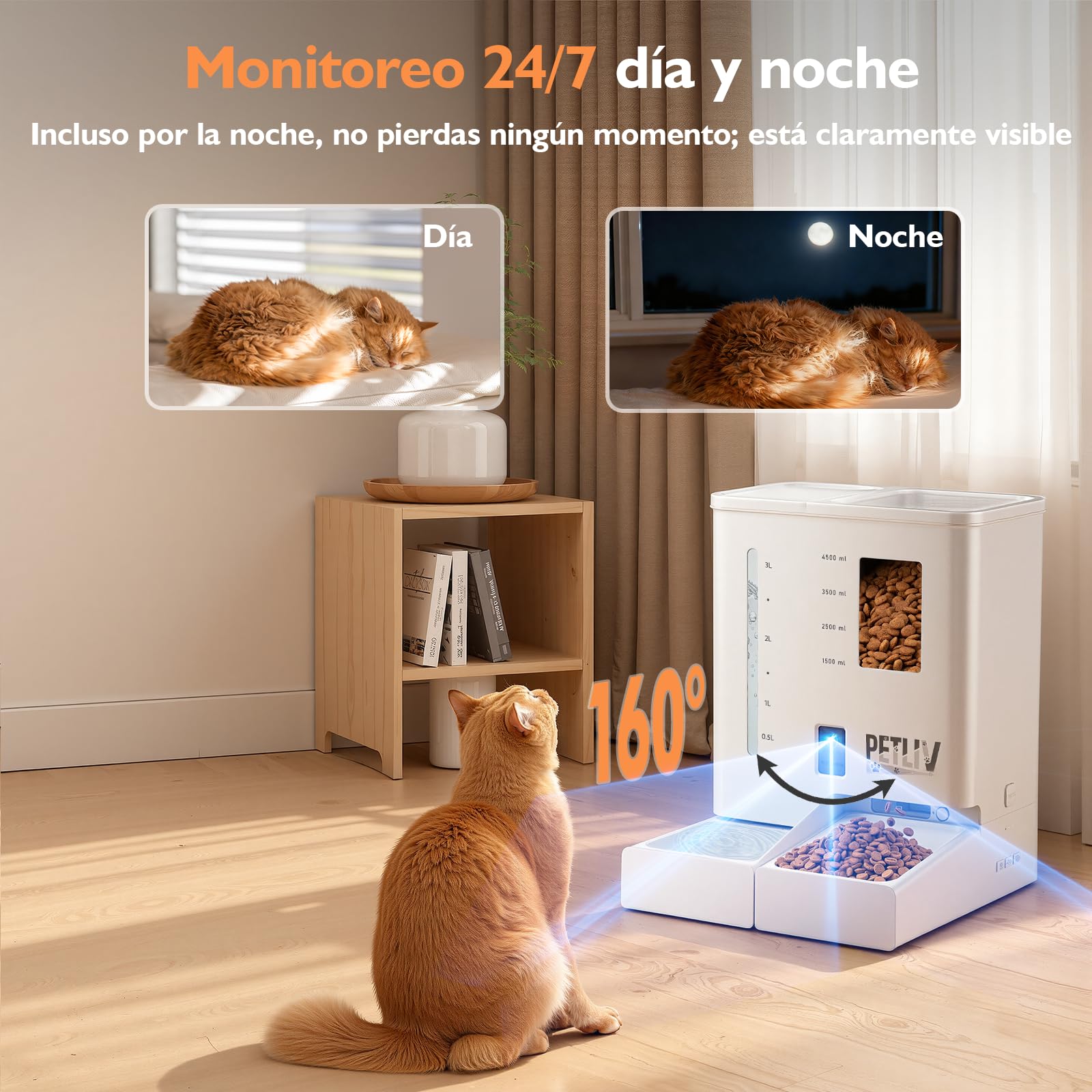 Comedero Automático para Gatos con Cámara 2K HD Visión Nocturna, WiFi 2,4G/5G Control por App, Audio Bidireccional Anti Atascos, Doble Alimentación, Depósito 5L Comida y 4L Agua