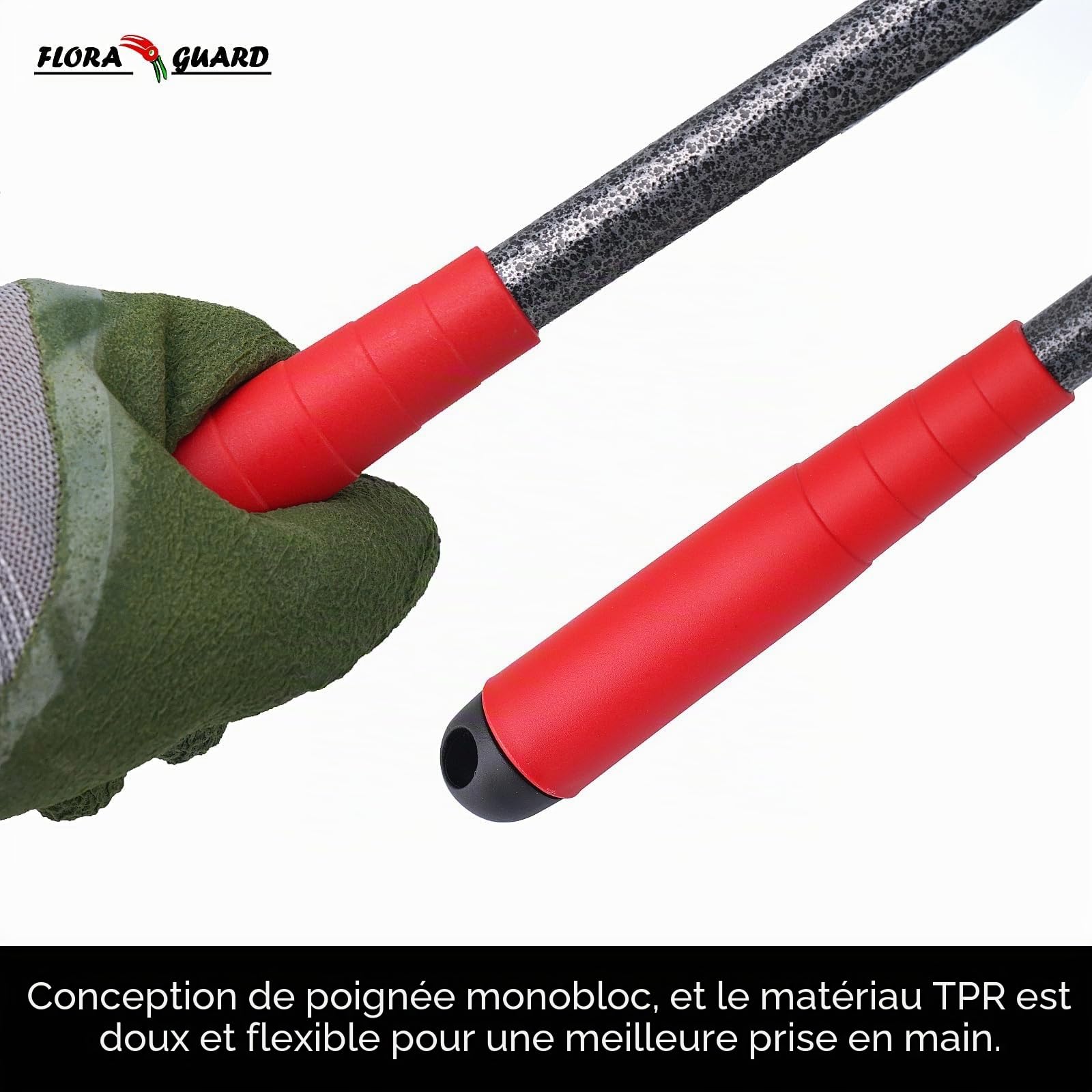 FLORA GUARD Outils de Jardinage 6 Pièces, Kit d'outils de Jardin en Acier Inoxydable avec Houe 2-en-1, Treulle, Râteaux, Couteau Désherbeur, Finition Martelée, pour Taille et Entretien
