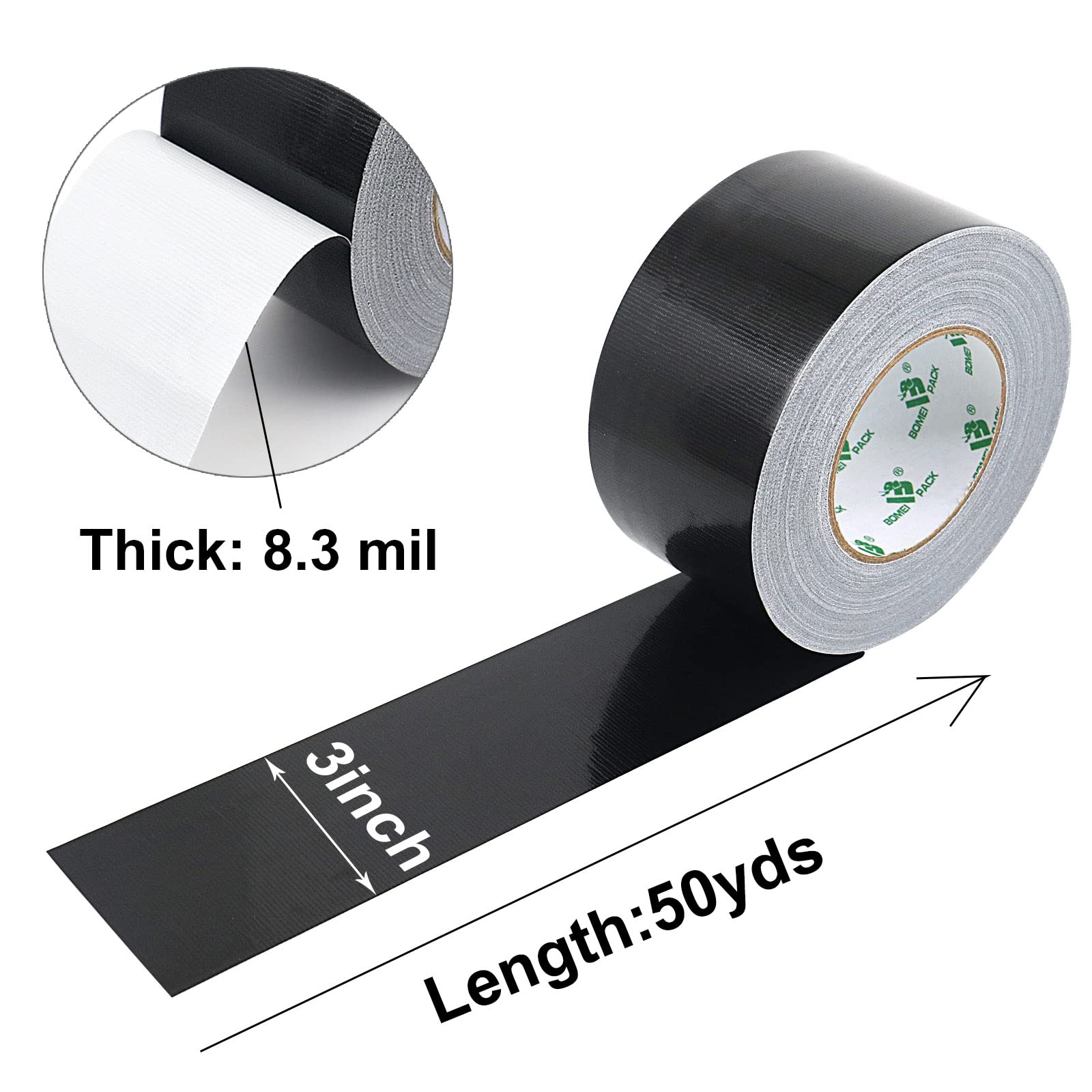 BOMEI PACK Black Wide Duct Tape Reinforced 75mm x 50m Waterproofs Heavy Duty Gaffer Tape for Pipelines Fixing Repairing DIY Craft Labeling,Carpet Edge Single Side Seam Sealing - Image 2