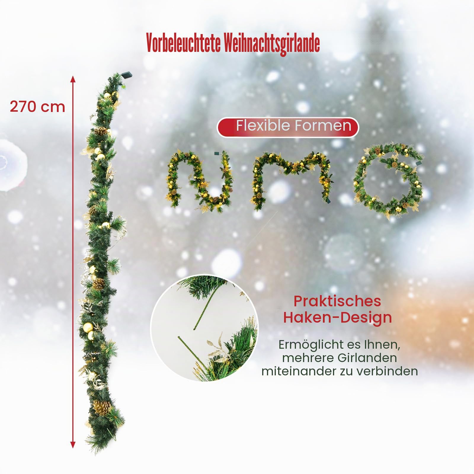 KOMFOTTEU 270 cm Weihnachtsgirlande mit 50 LEDs & Timerfunktion, künstliche Tannengirlande mit 8 goldenen Beeren und Tannenzapfen, Weihnachtsdekoration für Treppe, Kamin