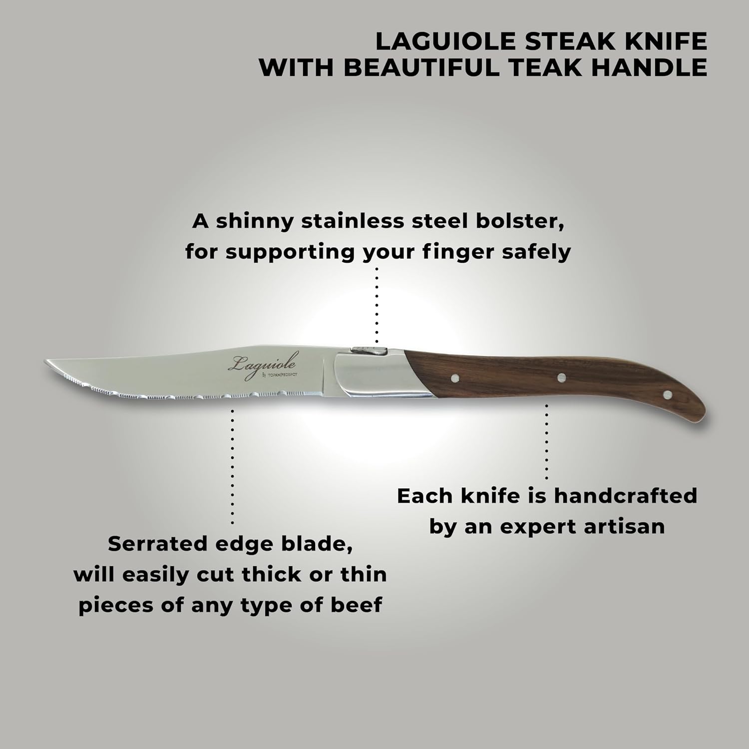 TopKnife Laguiole Steak Knife Set – Serrated Blade – Teak Handle - Set of 2Knives- Elegant wooden handle designed for an inviting table setting