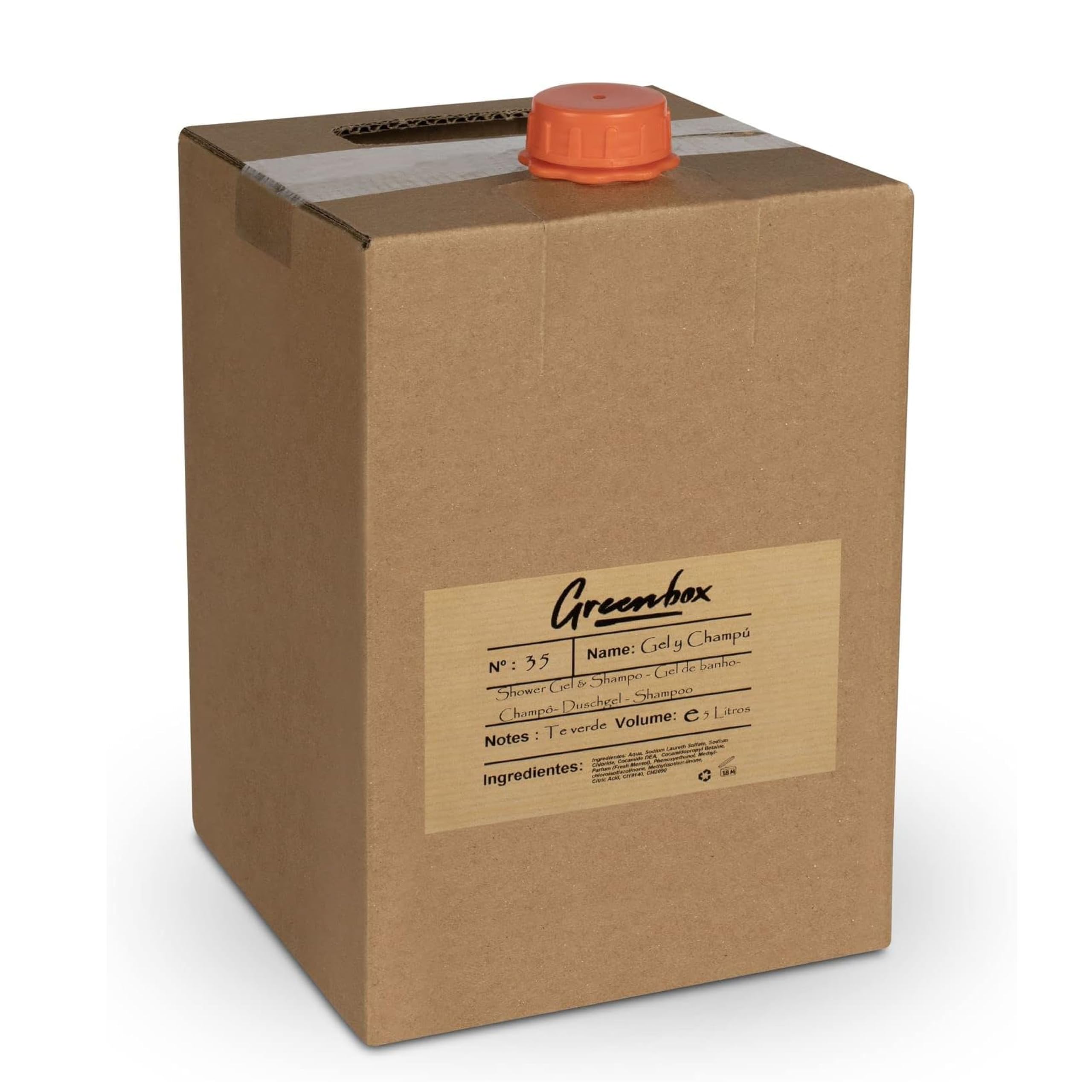 Recharge gel & shampoing en "bag in box" BIO - Gel douche et shampoing 2en1 à l'arôme thé vert, 5L. Emballage et poignée de transport écologiques. Économisez de l'argent et aidez l'environnement.