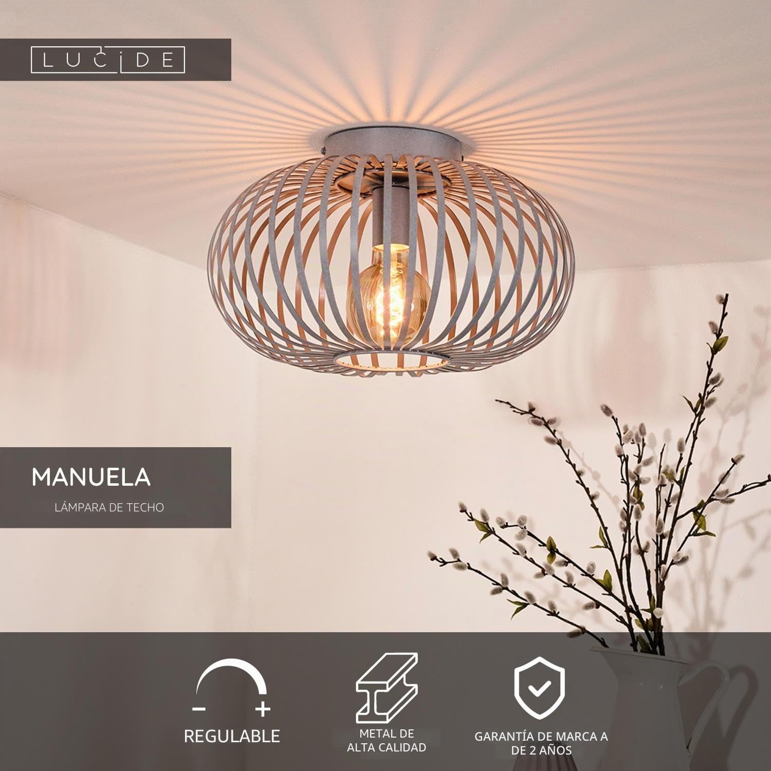 LUCIDE MANUELA - Lámpara de techo - Ø 39,5 cm - 1xE27 - Gris