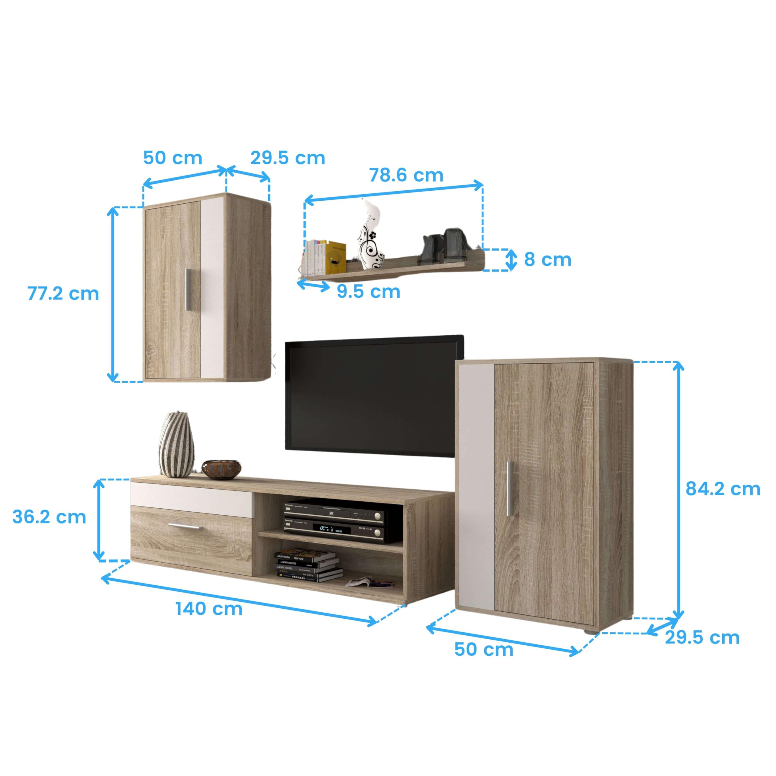 Miroytengo Muebles de Salón Comedor Estilo Nórdico: Módulo TV, 2 Armarios, Estante, Color Blanco y Roble Sonoma