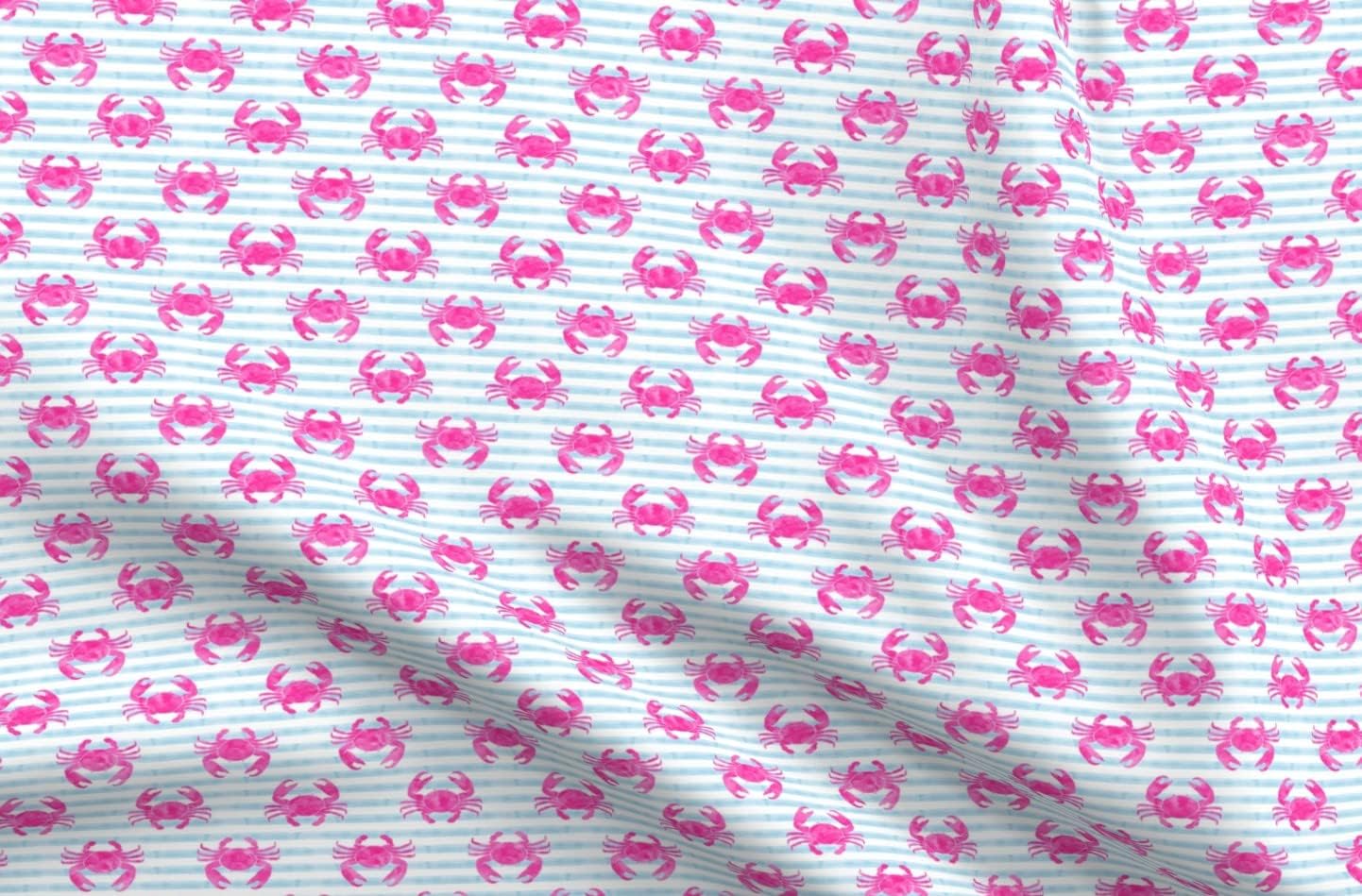 Spoonflower Fabric - Crabs Pink Blue Stripes Nautical Crab Beach Printed on Minky Fabric by The Yard - Sewing Baby Blankets Quilt Backing Plush