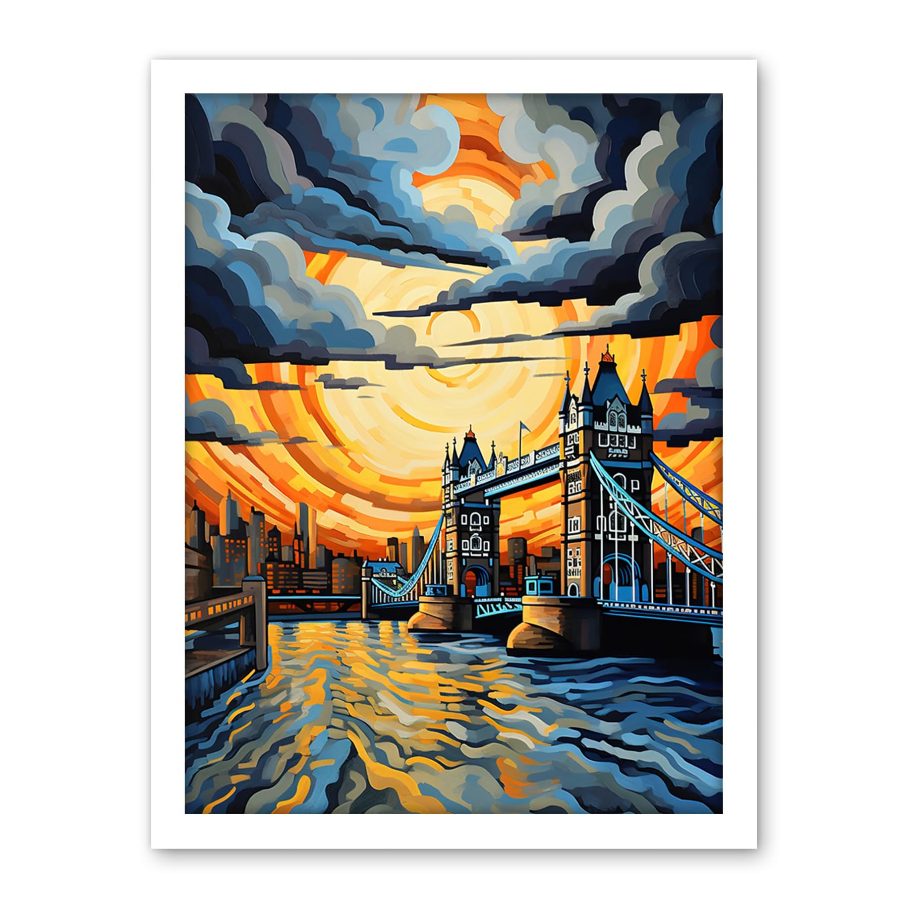 Artery8 London Tower Bridge Dramatic Sunset Vibrant Artwork Blue Orange River Thames England Cloudy Sky Artwork Framed Wall Art Print 18X24 Inch
