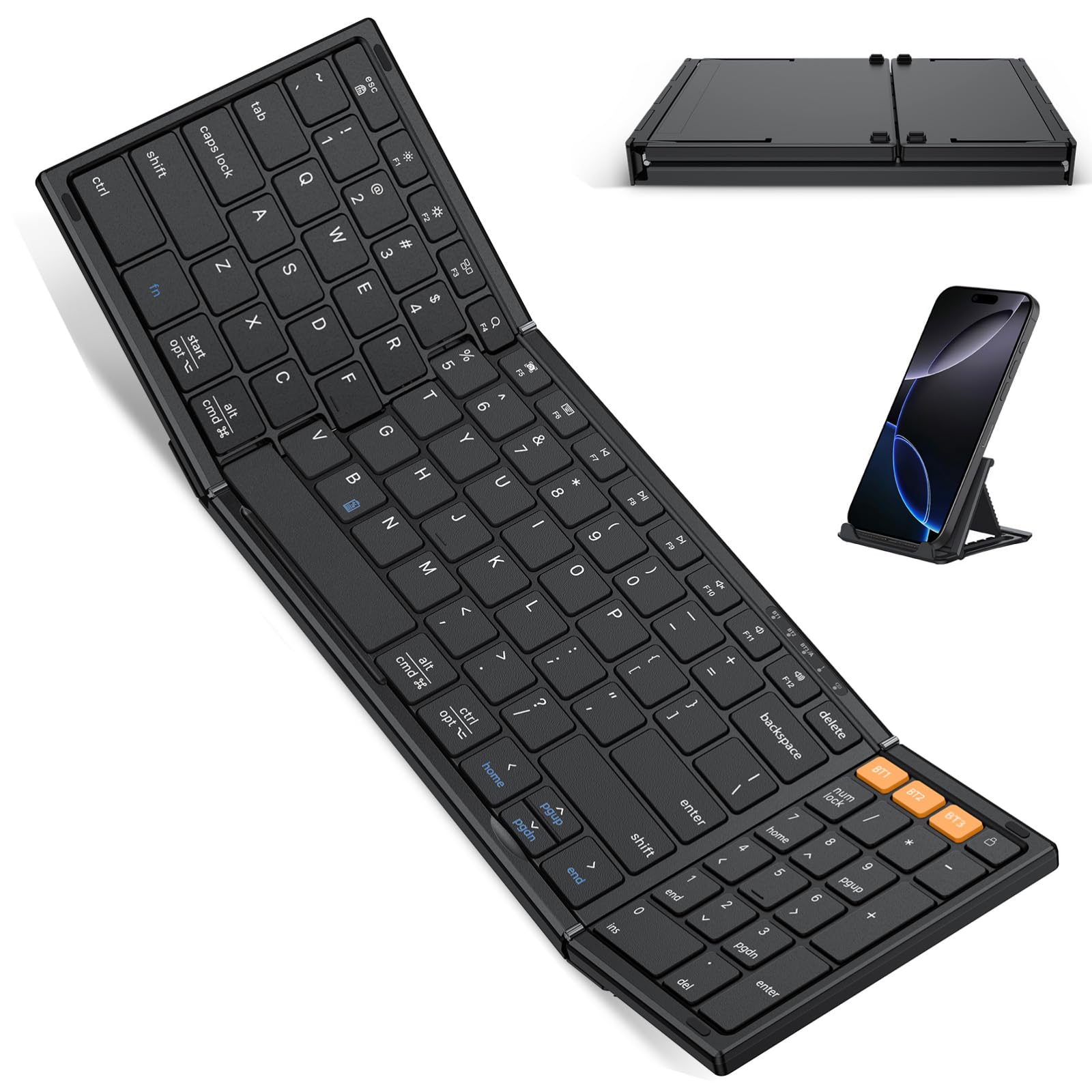 omoton foldable bluetooth keyboard supports up to 3 devices, rechargeable wireless for ipad ios android tablet macos windows laptop pc, full size folding travel keyboard