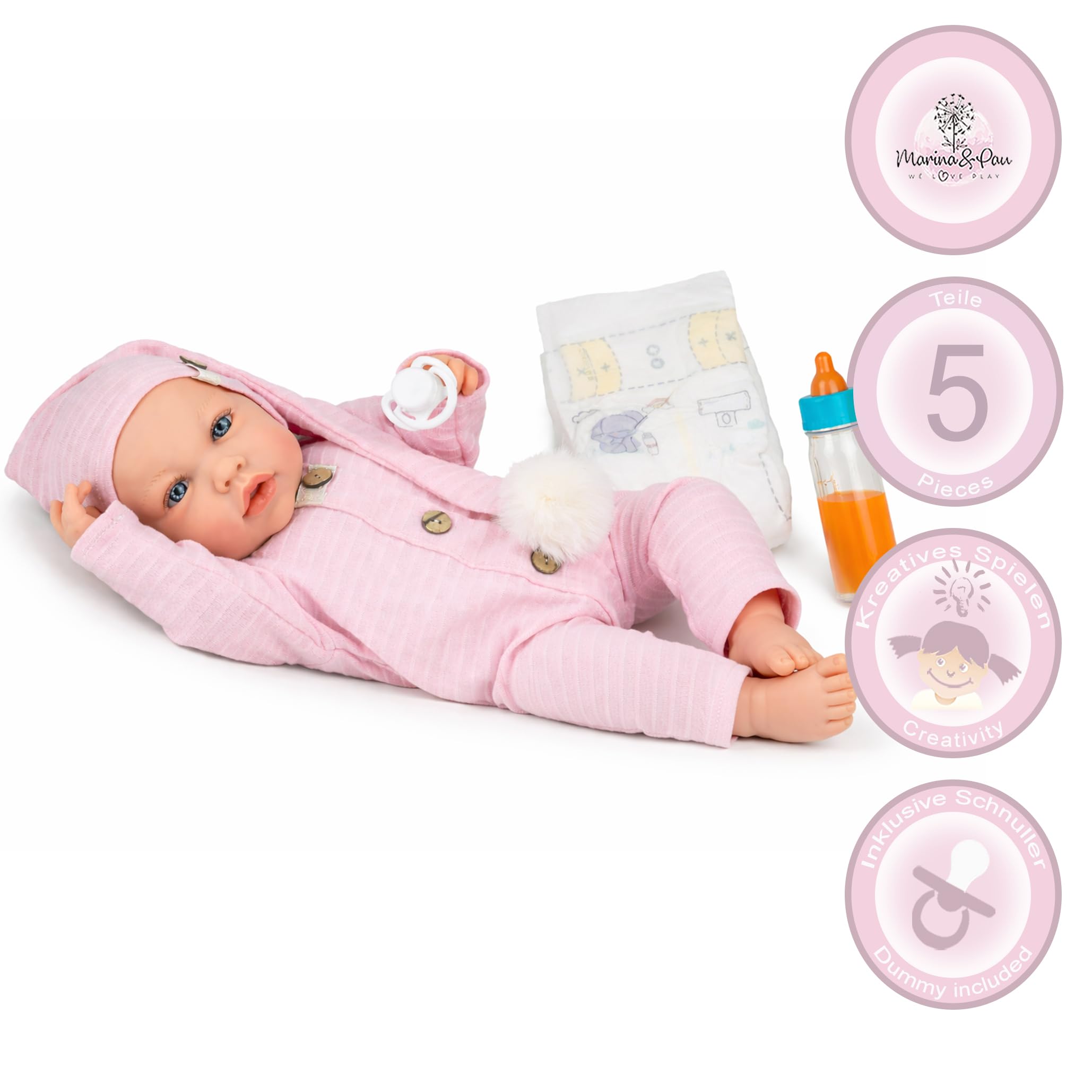 Marina & Pau Lia Lia lalka niemowlęca 45 cm, z miękkim ciałem – miękka lalka do zabawy ze smoczkiem, butelką i pieluchą, dla dzieci (rozm. 45 cm)