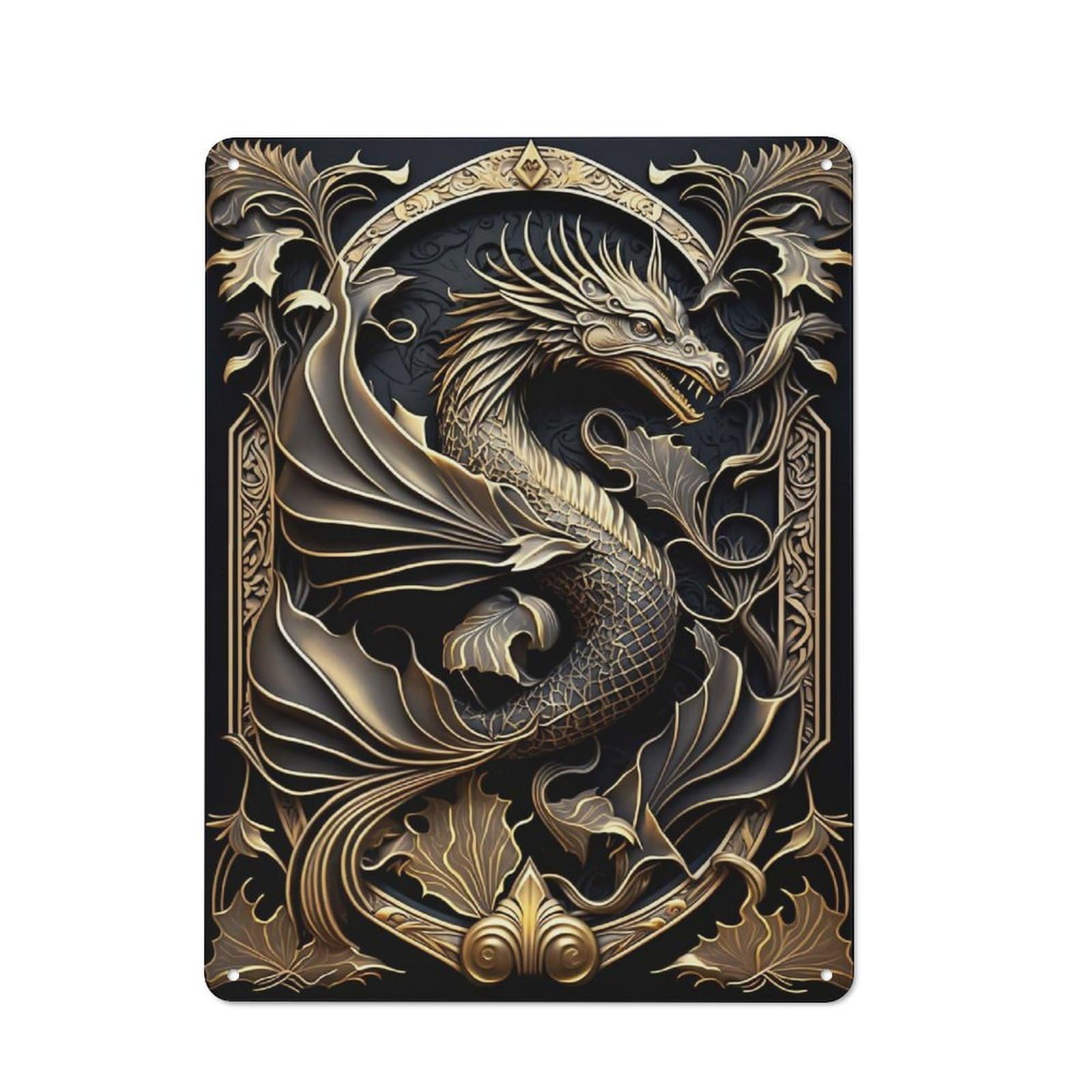 Metal Wall Sign with Winged Dragon King Design 40x30cm, Modern Retro Urban Room Decor for Workspace, Cafe, Hallway Or Garage
