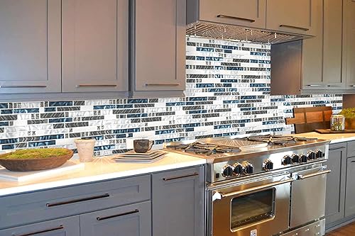 Miniatura 3 de Elephantile Tableros de muestra de azulejos de mosaico de vidrio azul verde azulado, tamaño 4 x 12 pulgadas, azulejos lineales de pared entrelazados