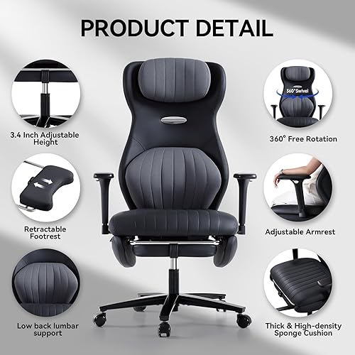 Miniatura 8 de EMIAH Silla de oficina ergonómica con reposapiés, silla de oficina reclinable con brazos ajustables y reposacabezas, silla de juegos de respaldo