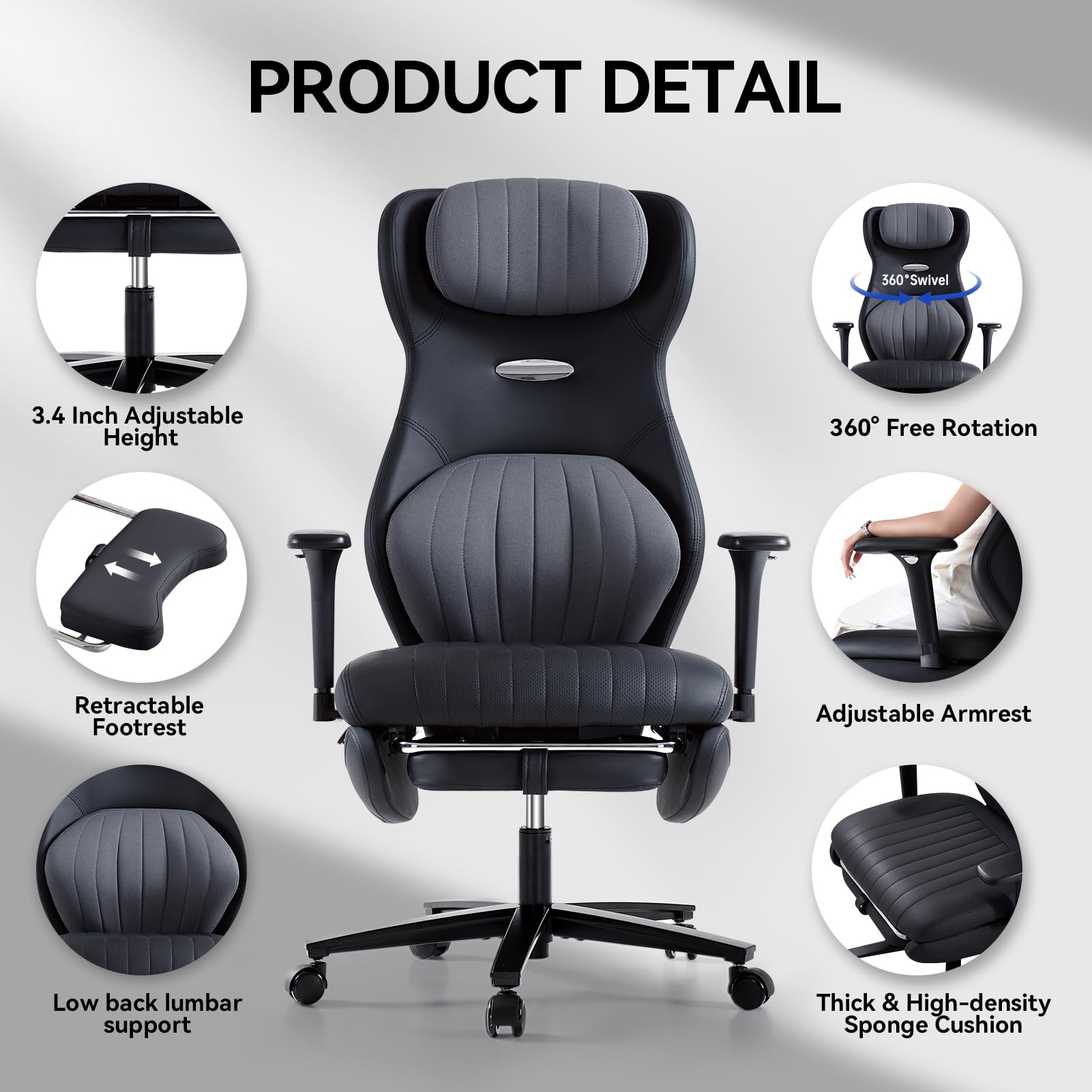 EMIAH Silla Oficina Ergonómica, Silla de Escritorio Reclinable con Reposapiés, Reposabrazos Ajustables, Silla Game de Respaldo Alto, Silla de Ordenador Ejecutiva con Soporte Lumbar, Cuero PU (Negro)