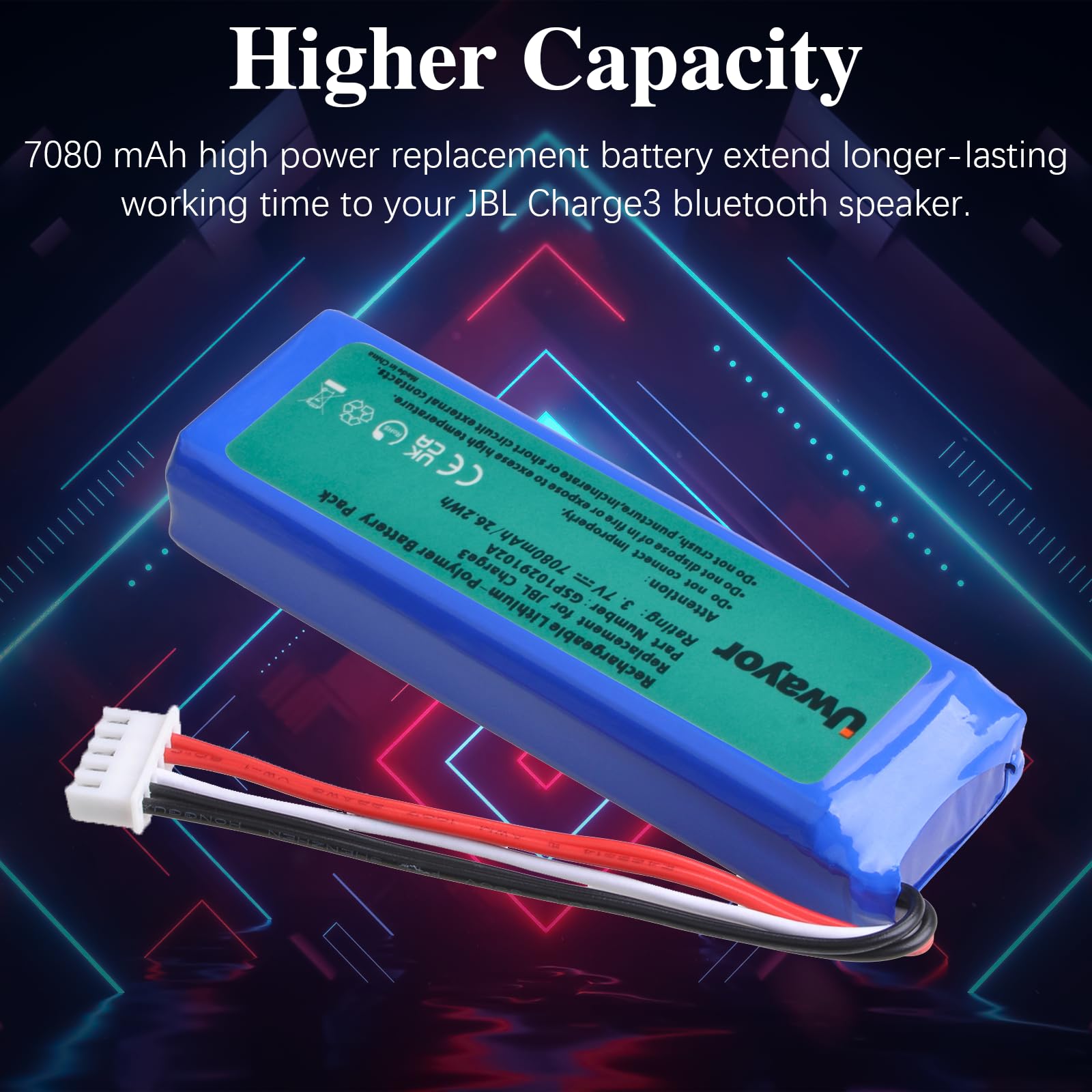 JBL Charge3 Batteria 7080mAh Batteria di ricambio per altoparlante Bluetooth JBL Charge3, GSP1029102A, Batteria JBL Charge3 da 3,7 V 26,2 Wh con strumento di installazione