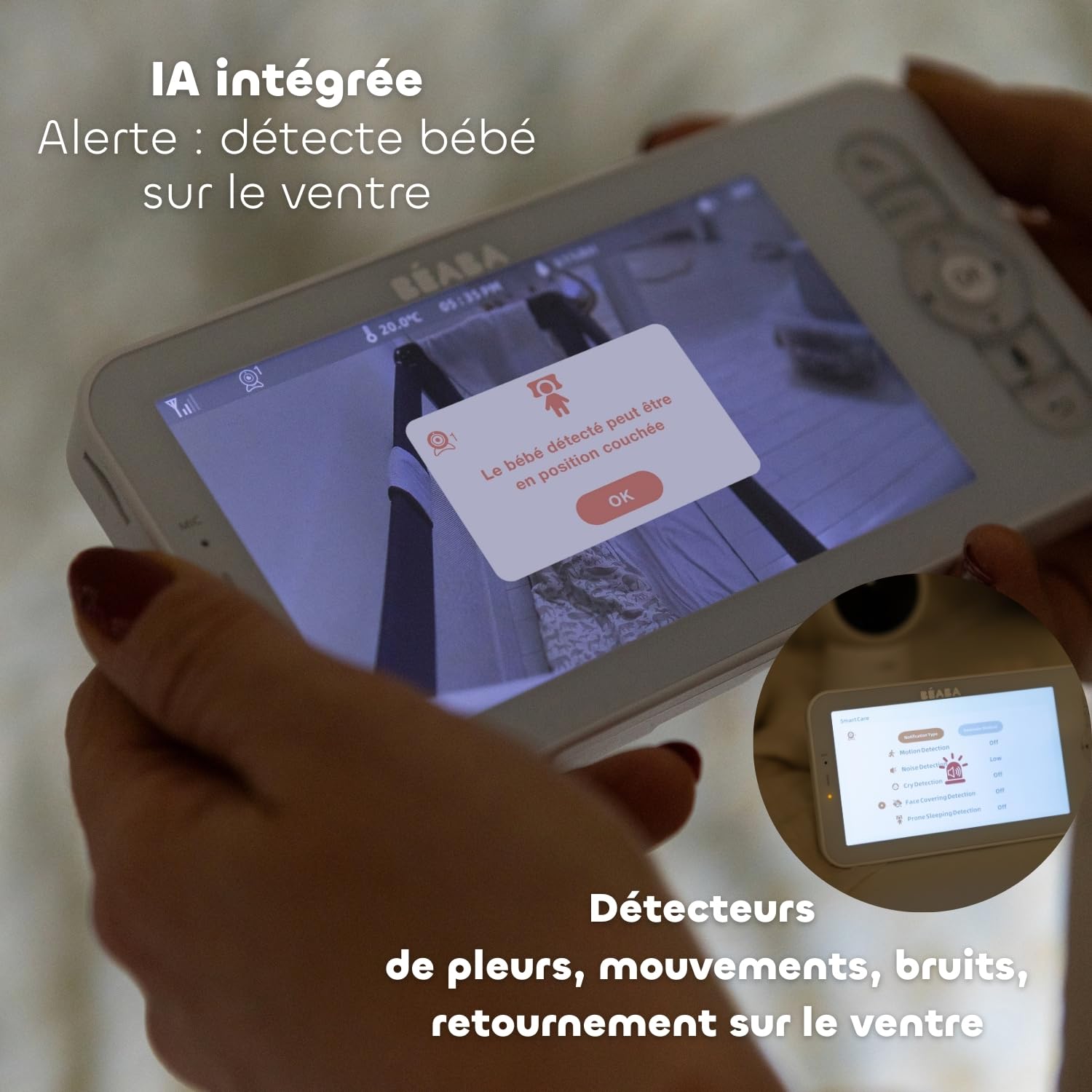 BÉABA Zen Smart AI Babyphone Vidéo 3 en 1, Blanc | Caméra 360° Full QHD 4MP, Écran HD 720p, IA Détection Retournement, Vision Nocturne, Application Mobile