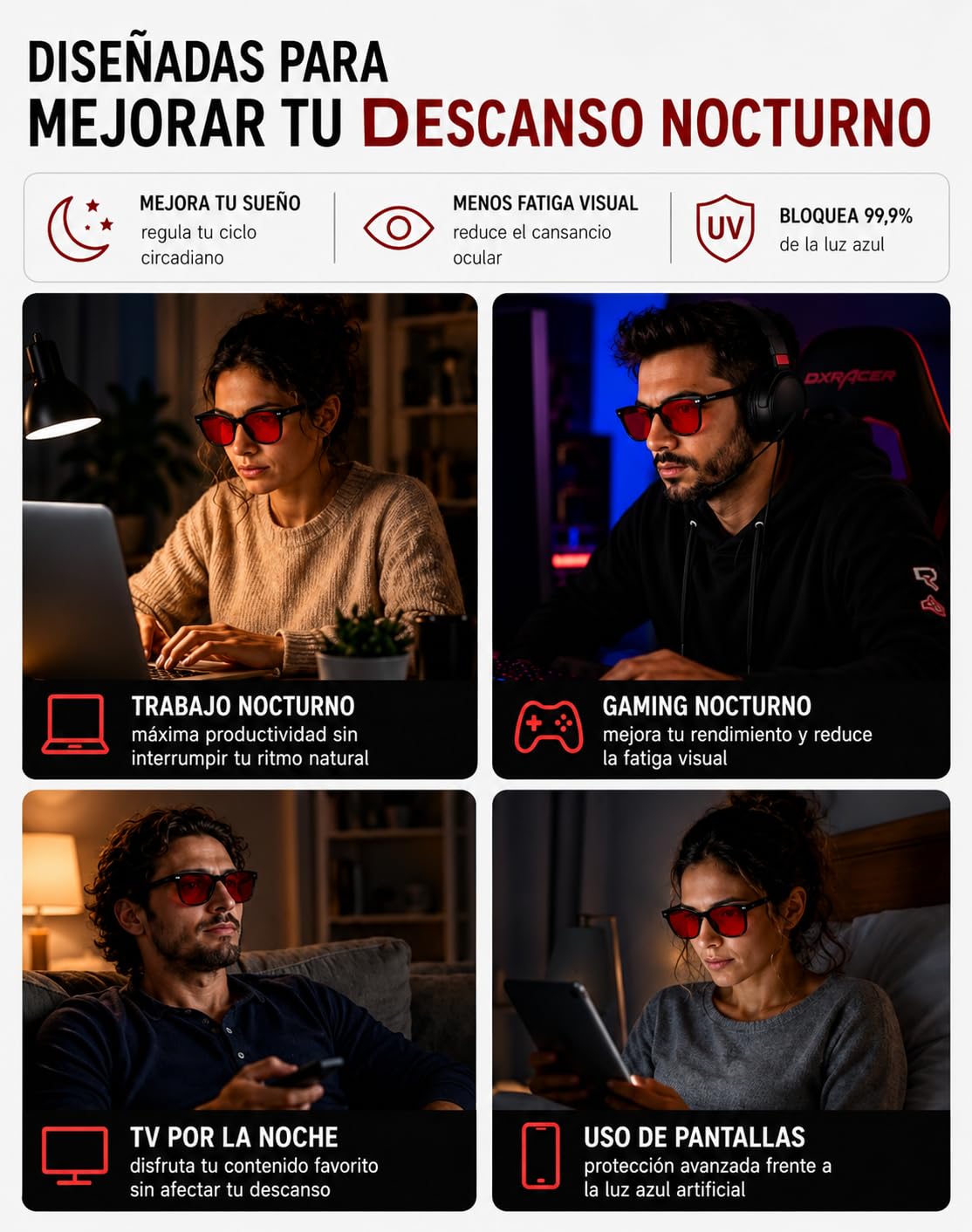 Gafas Luz Roja Biohacking para Dormir y Pantallas | Bloqueo Luz Azul | Lentes Anti Luz Azul TR90 Ultraligeras Unisex | Mejora Sueño, Sin Fatiga Visual | Gaming