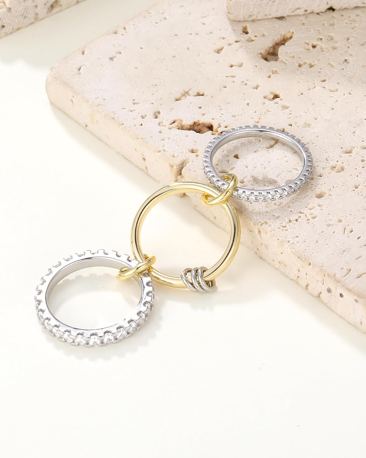 Gold Stackable Rings for Women, Non Tarnish 14K Gold Plated Cubic Zirconia Mixed Metals Stacking Connected Rings Set Jewelry Gifts - Image 8