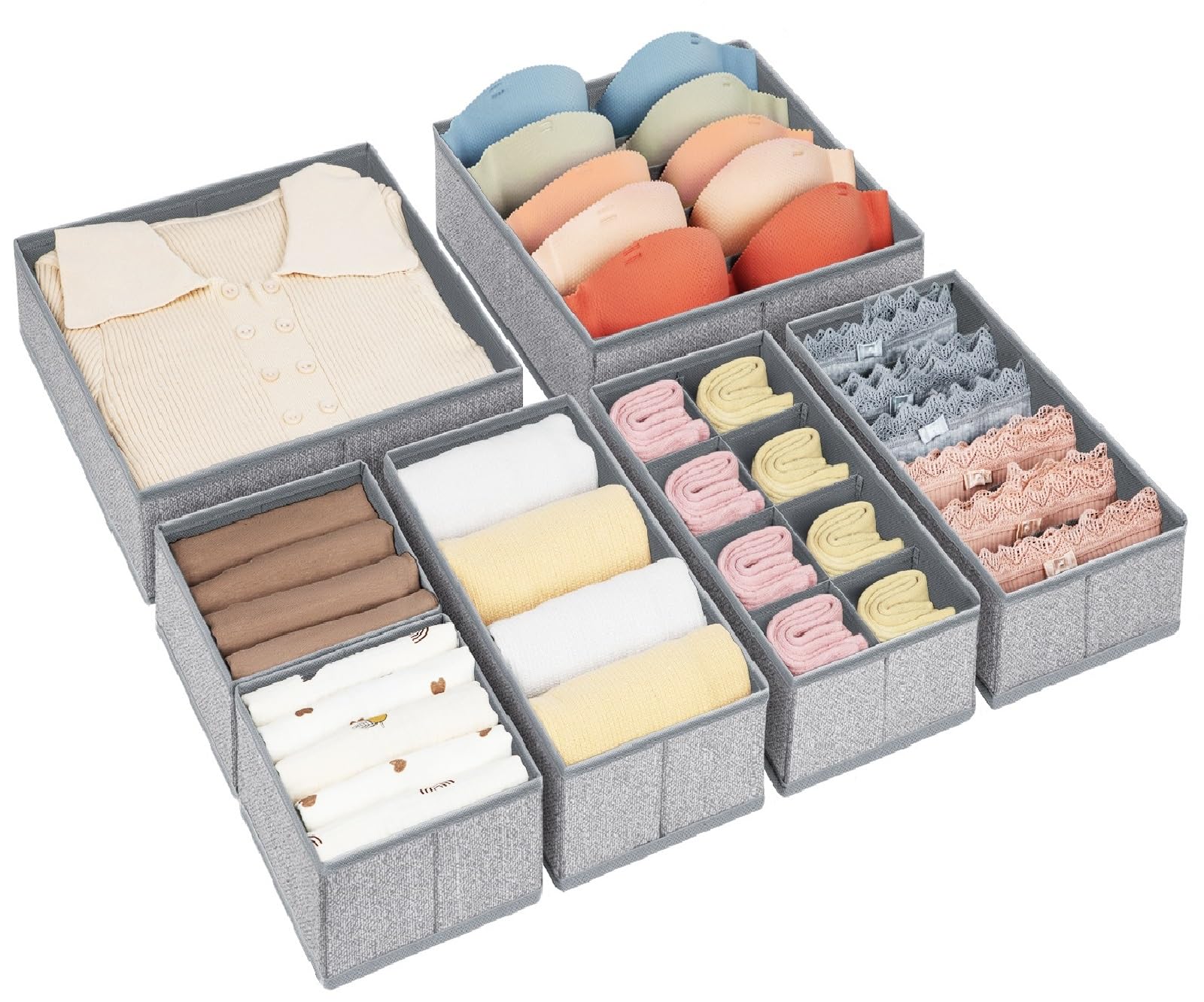 DIMJ 7Pack Clohtes Drawer Organisers - Foldable Wardrobe Storage organiser, Drawer Dividers for Bras, Socks, Bedroom, Office, Kitchen, Speckled Grey