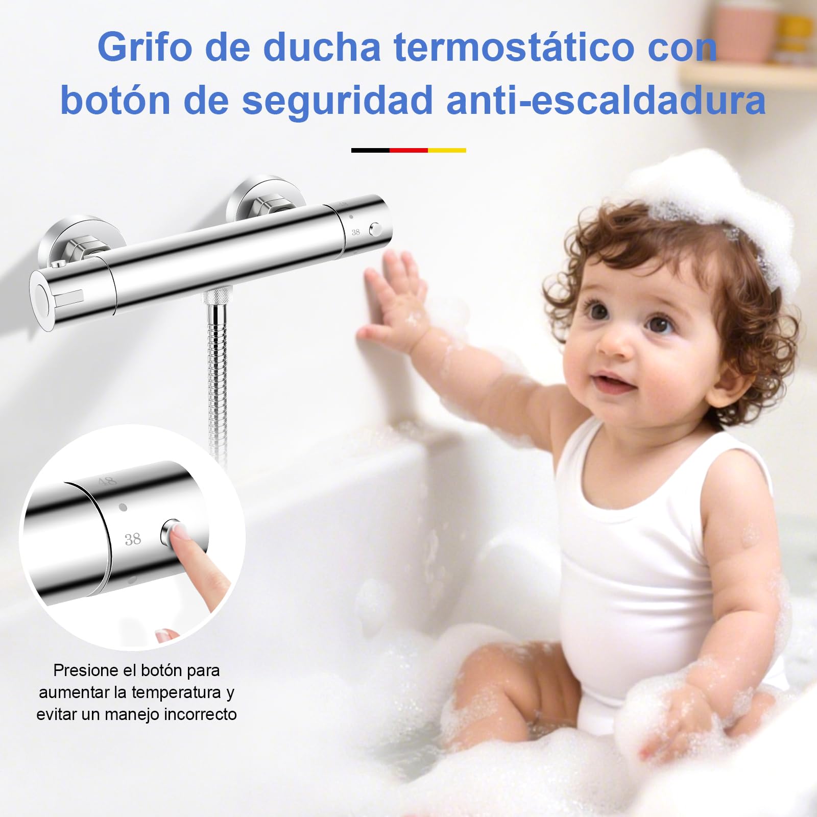 Grifo Ducha Termostato, Mezclador Termostatico de Ducha de Sobrepared con Bloqueo de Seguridad a 38 °C, grifo bañera termostático de latón, adecuado para Alta Presión de Agua