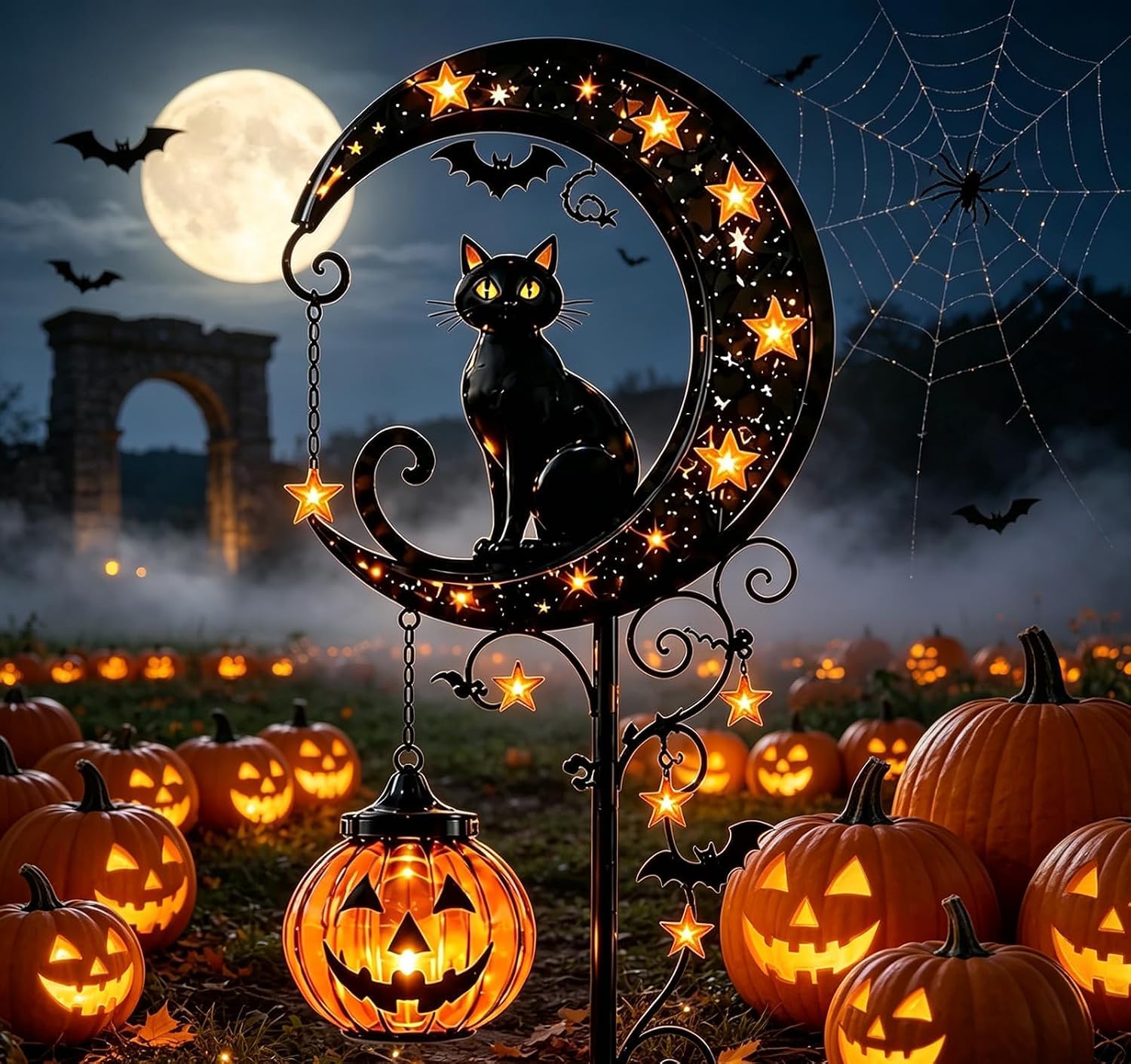 Solar Halloween Garden Stake Light – Black Cat & Pumpkin Moon，B