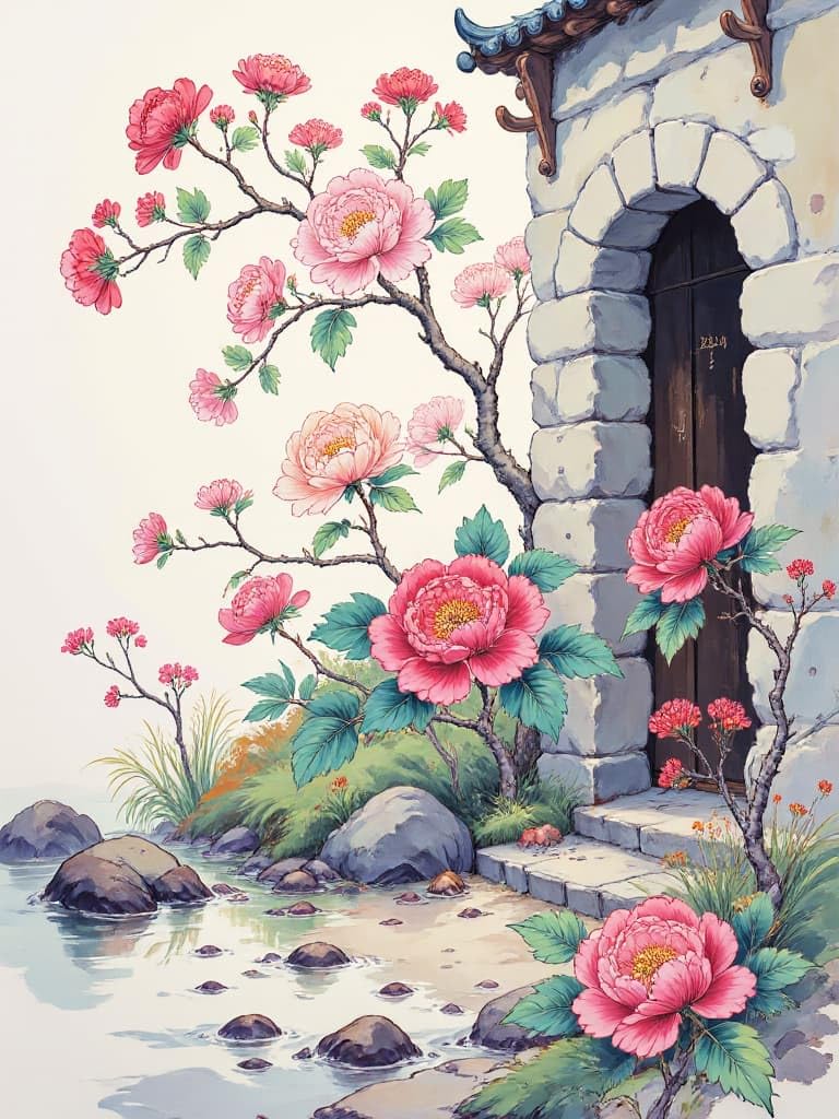 AMBATTERY 11CT Stamped Cross Stitch Kit, Flowers Blooming in Front of The Door Printed Cross Stitch Kits,DIY Embroidery Kits for Beginners 40x50cm