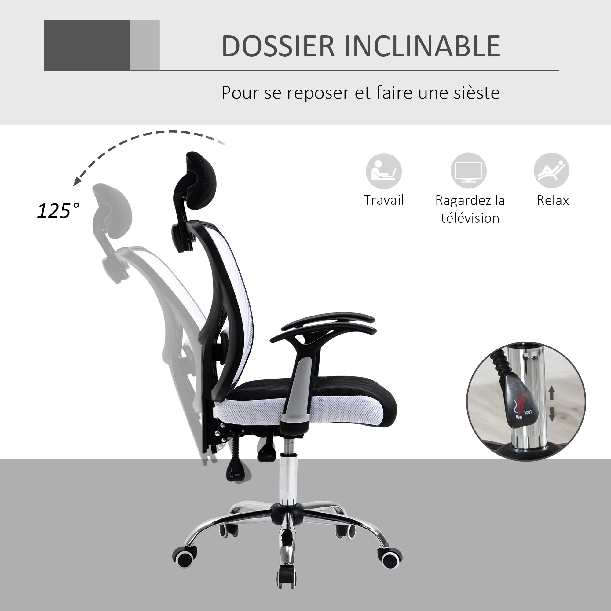 Vinsetto Chaise de Bureau Ergonomique en Maille Appui-tête Noir et Blanc