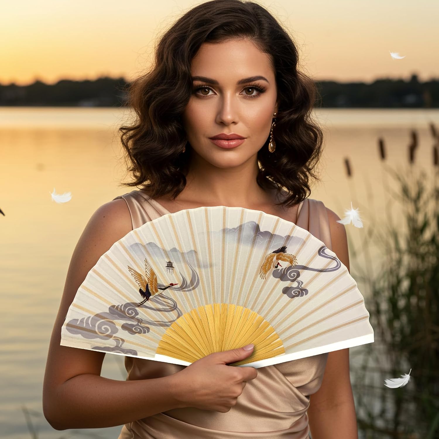 Vintage Artwork Printed Premium Silk Fabric Handheld Folding Fan with Grade A Bamboo Ribs for Women Girls Event Birthday Wedding Favour with Tassel and Pouch (Heavenly Sky)