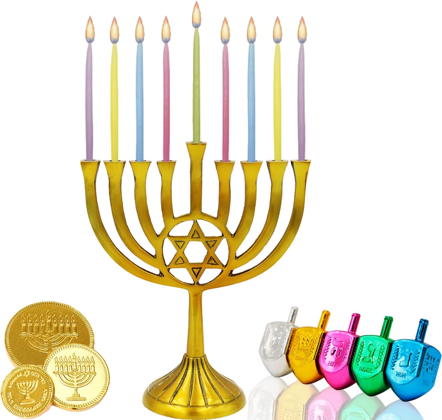 The Dreidel Company Multicolor Pastel Hanukkah Candles Deluxe Tapered Hanukkah Menorah, 1-Hour Burn Time, 45 Candles for All 8 Nights of Chanukah