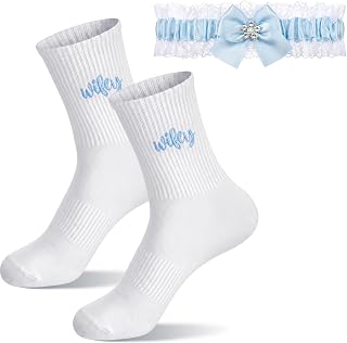 2er Set Braut Geschenke Blaue Weiße Brautsocken Strumpfband für Hochzeit mit Schleife und Elastischer Spitze Braut Accessoires Jga Party Zubehör für Brautparty
