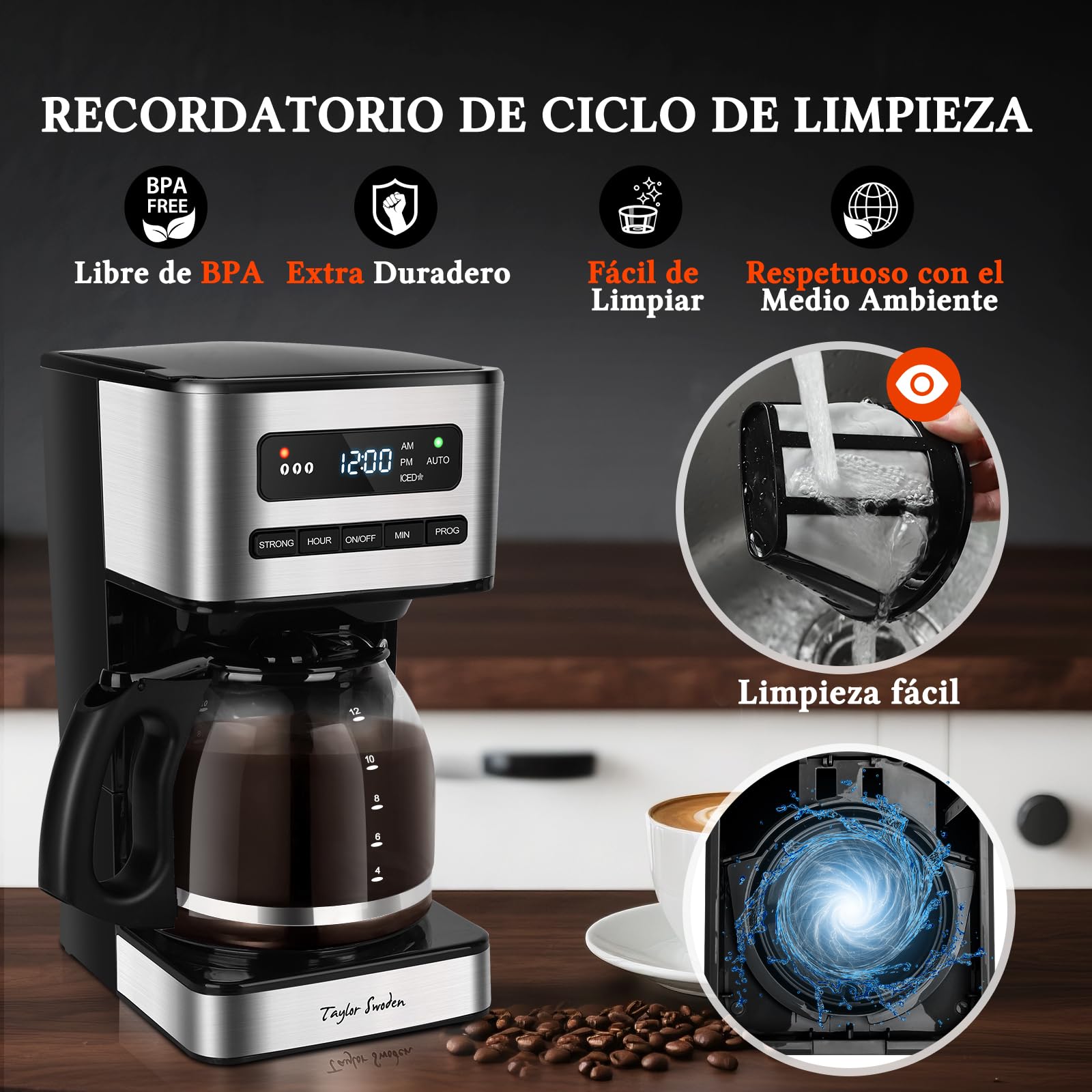 Taylor Swoden Cafetera Goteo 12 Tazas(1.8L) - Programable 24H con LED, 3 Niveles + Modo Café Helado, Jarra Borosilicato, 40 Min Mantener caliente+Autoapagado, Autolimpieza, Antigoteo, Inoxidable, 900W